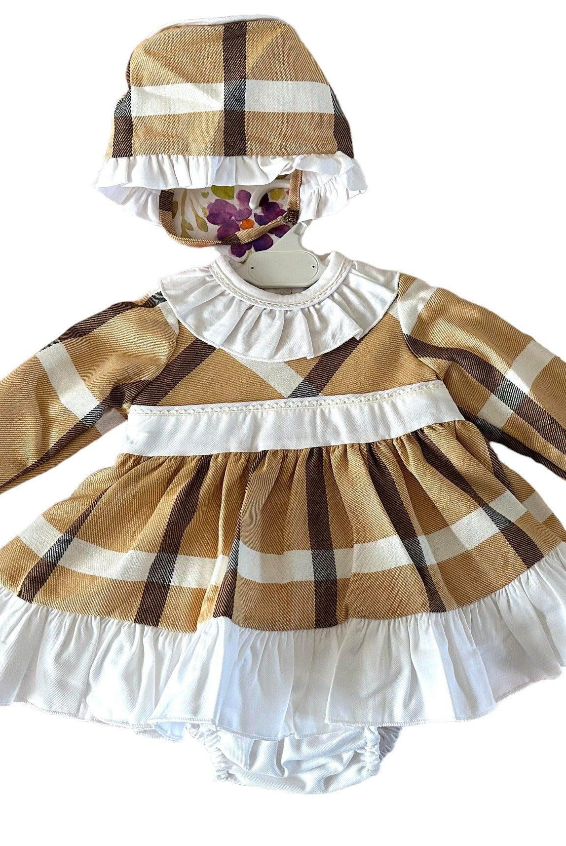 CLEARANCE SALE DBB Collection - Baby Girl's Mustard Check Dress, Knickers & Bonnet Set - Mariposa Children's Boutique