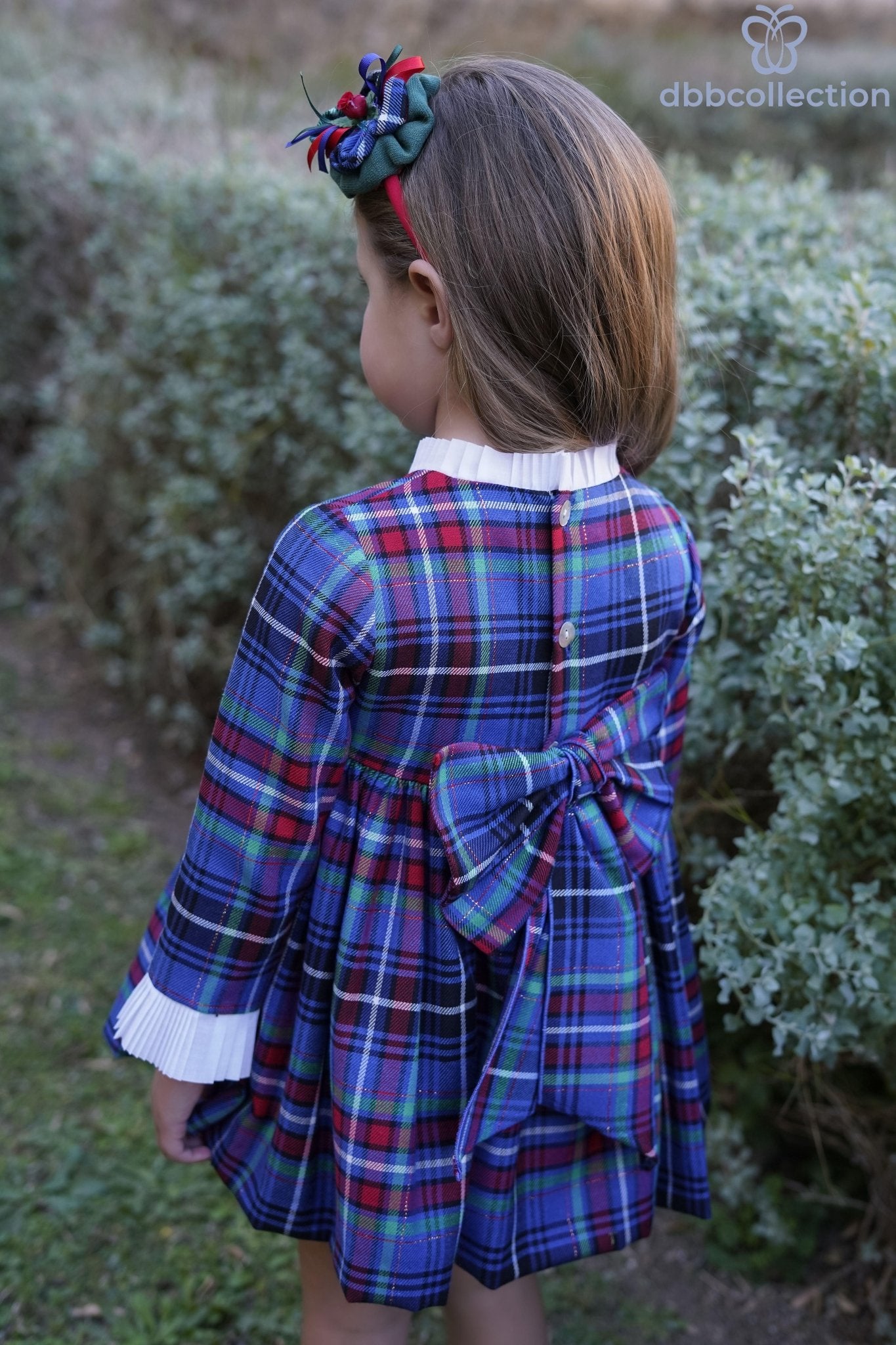 CLEARANCE SALE DBB Collection - Girls Blue, Green & Red Tartan Print Dress & Headpiece - Mariposa Children's Boutique