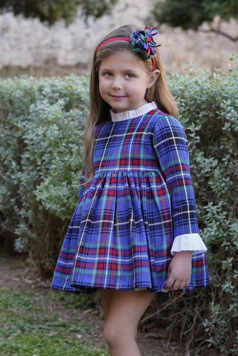 CLEARANCE SALE DBB Collection - Girls Blue, Green & Red Tartan Print Dress & Headpiece - Mariposa Children's Boutique