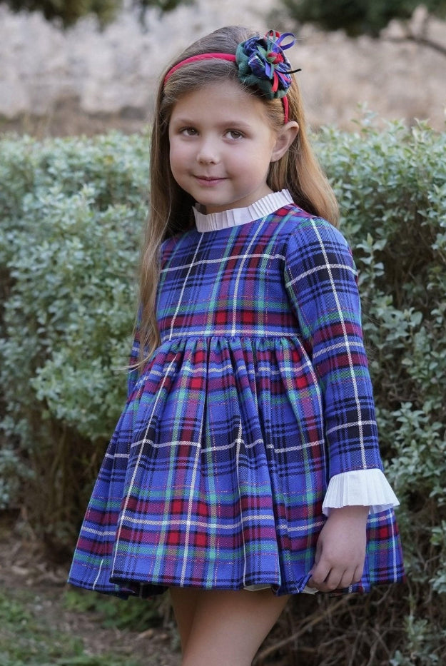 CLEARANCE SALE DBB Collection - Girls Blue, Green & Red Tartan Print Dress & Headpiece - Mariposa Children's Boutique