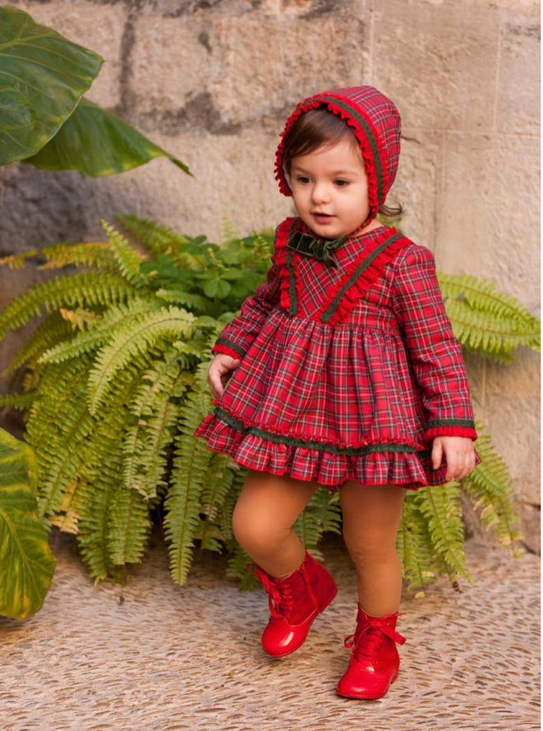 Debesos AW23 - Baby Girls Red Tartan Dress with Knickers & Bonnet - Mariposa Children's Boutique