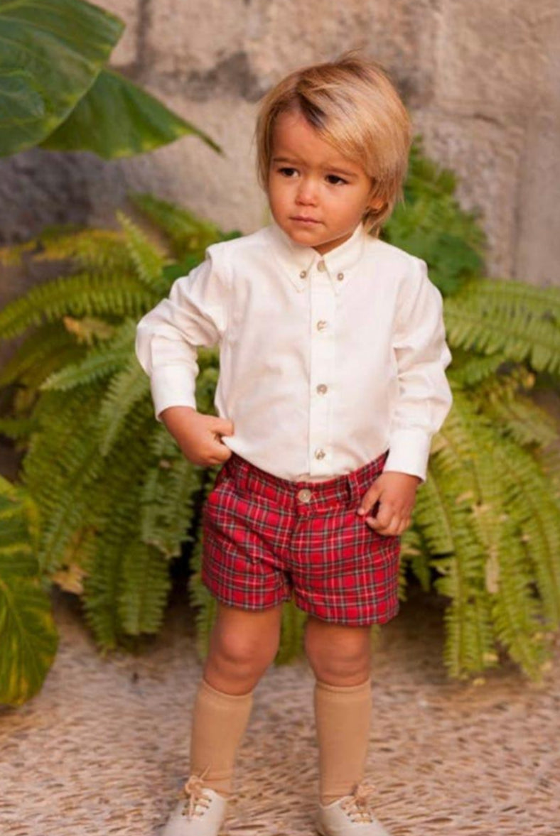 CLEARANCE SALE - Debesos - Boys Red Tartan Shorts & Matching Shirt Set - Mariposa Children's Boutique
