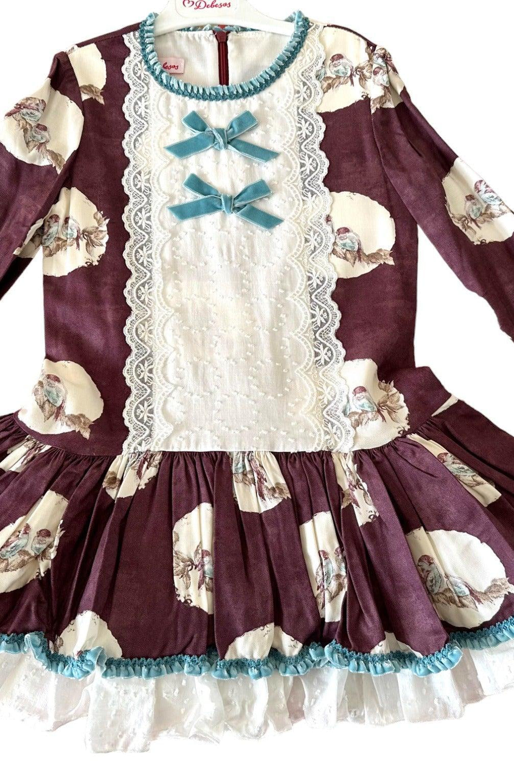 CLEARANCE SALE Debesos - Girls Purple, Cream and Blue Drop Waist Dress 8yrs - Mariposa Children's Boutique