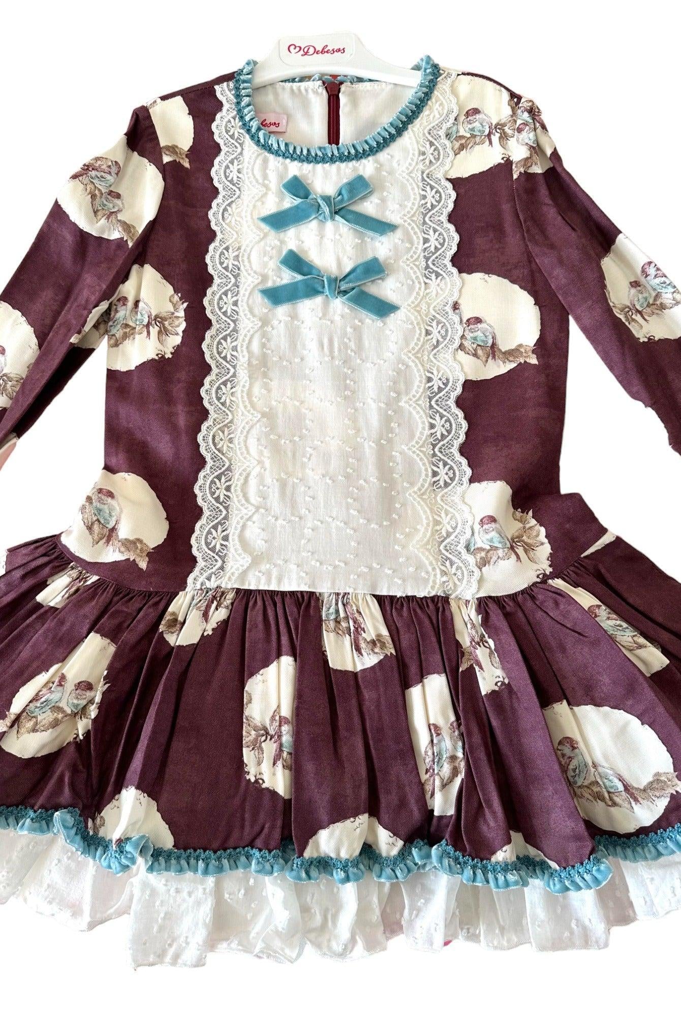 CLEARANCE SALE Debesos - Girls Purple, Cream and Blue Drop Waist Dress 8yrs - Mariposa Children's Boutique