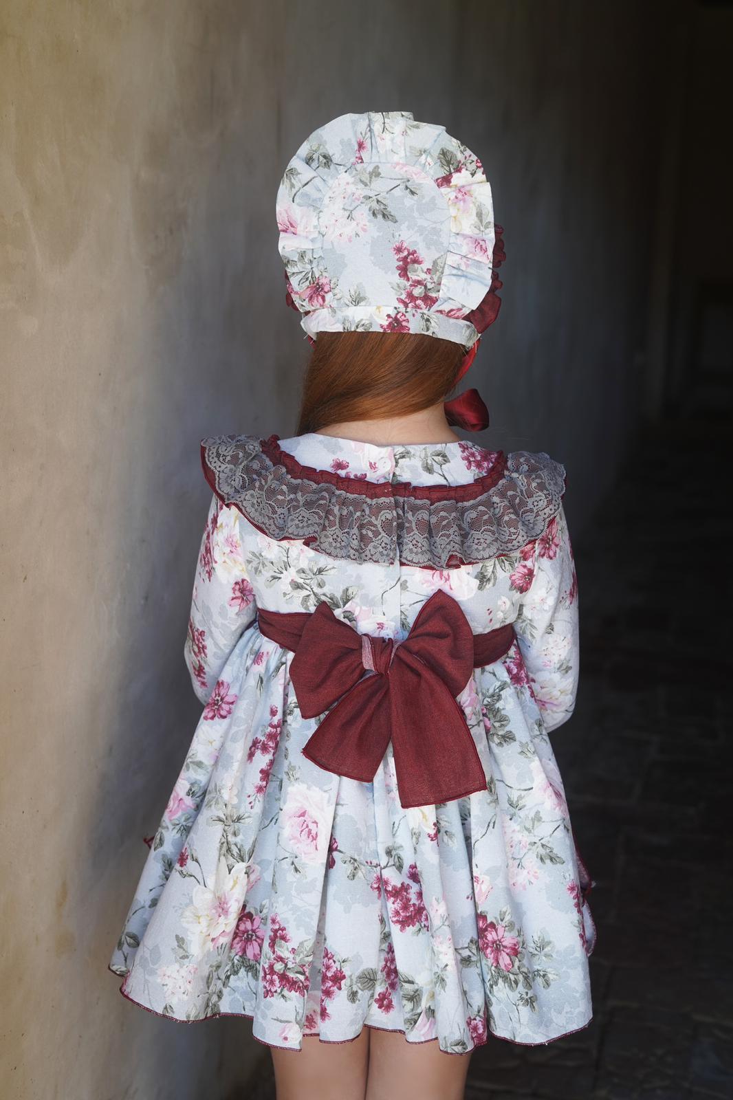 CLEARANCE SALE Ela Confeccion - Baby Girls Grey and Burgundy Floral Print Dress & Knickers - Mariposa Children's Boutique