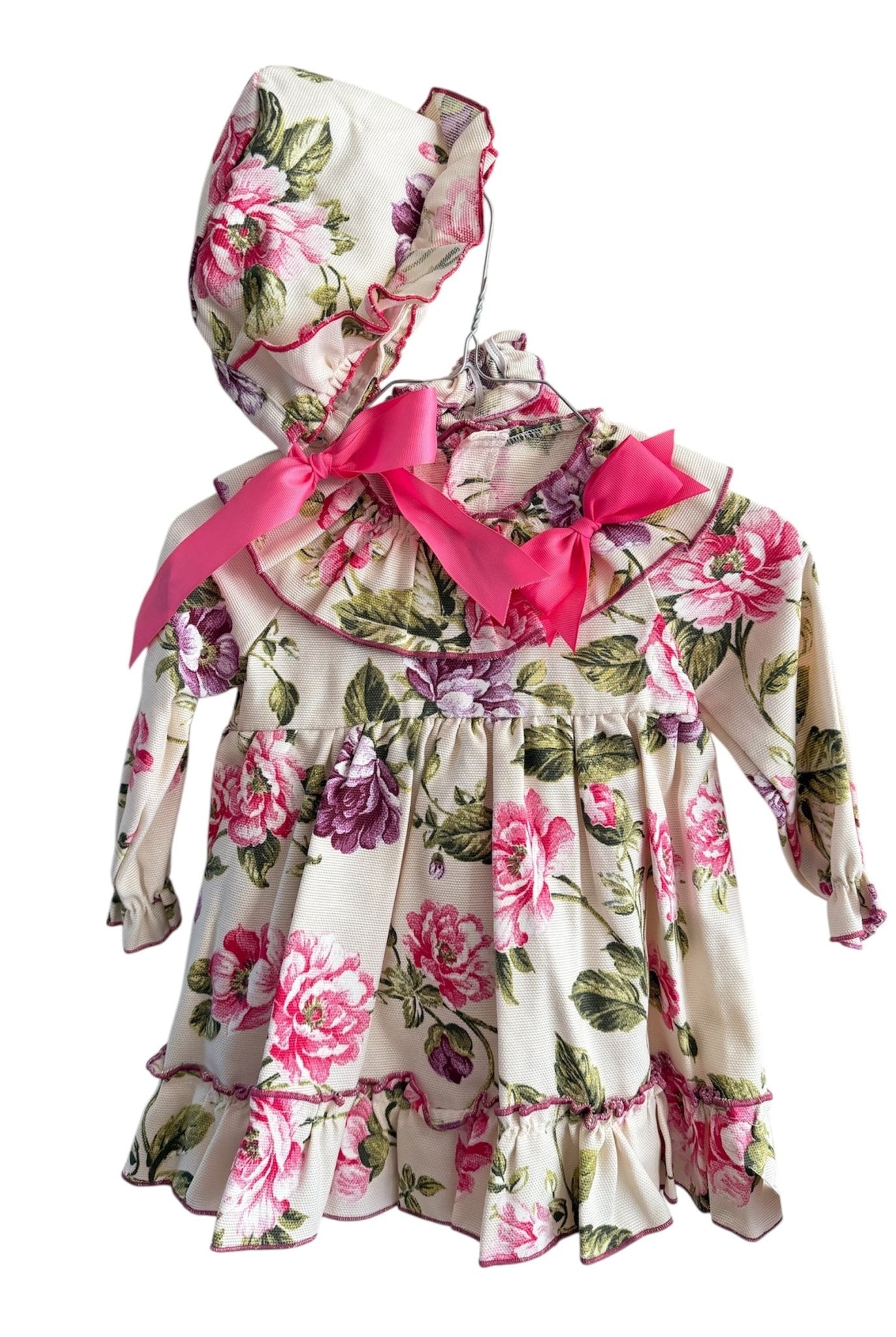Clearance Sale Ela Confeccion - Girl's Floral Print Dress, Knickers and Bonnet