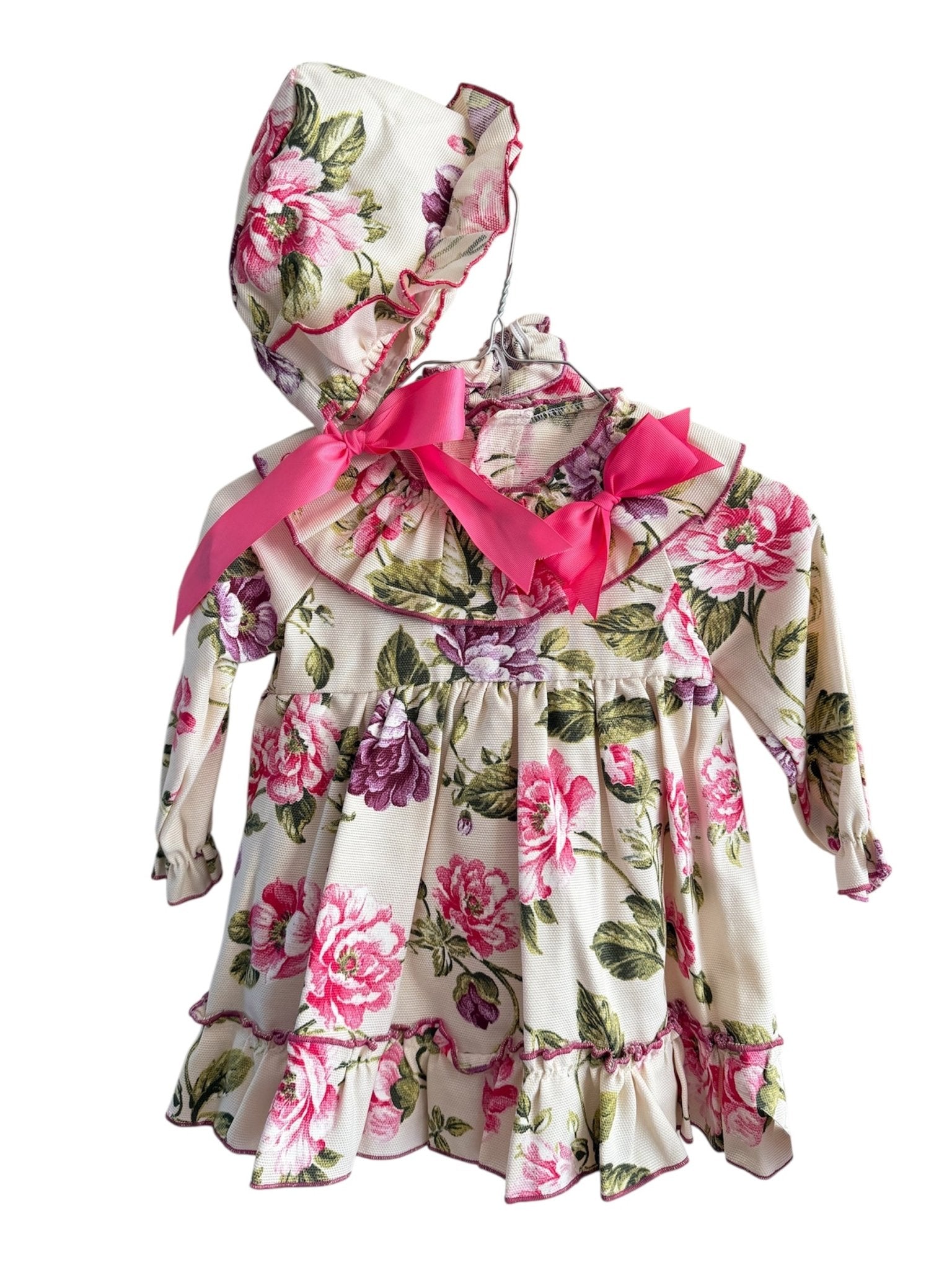 Clearance Sale Ela Confeccion - Girl's Floral Print Dress, Knickers and Bonnet