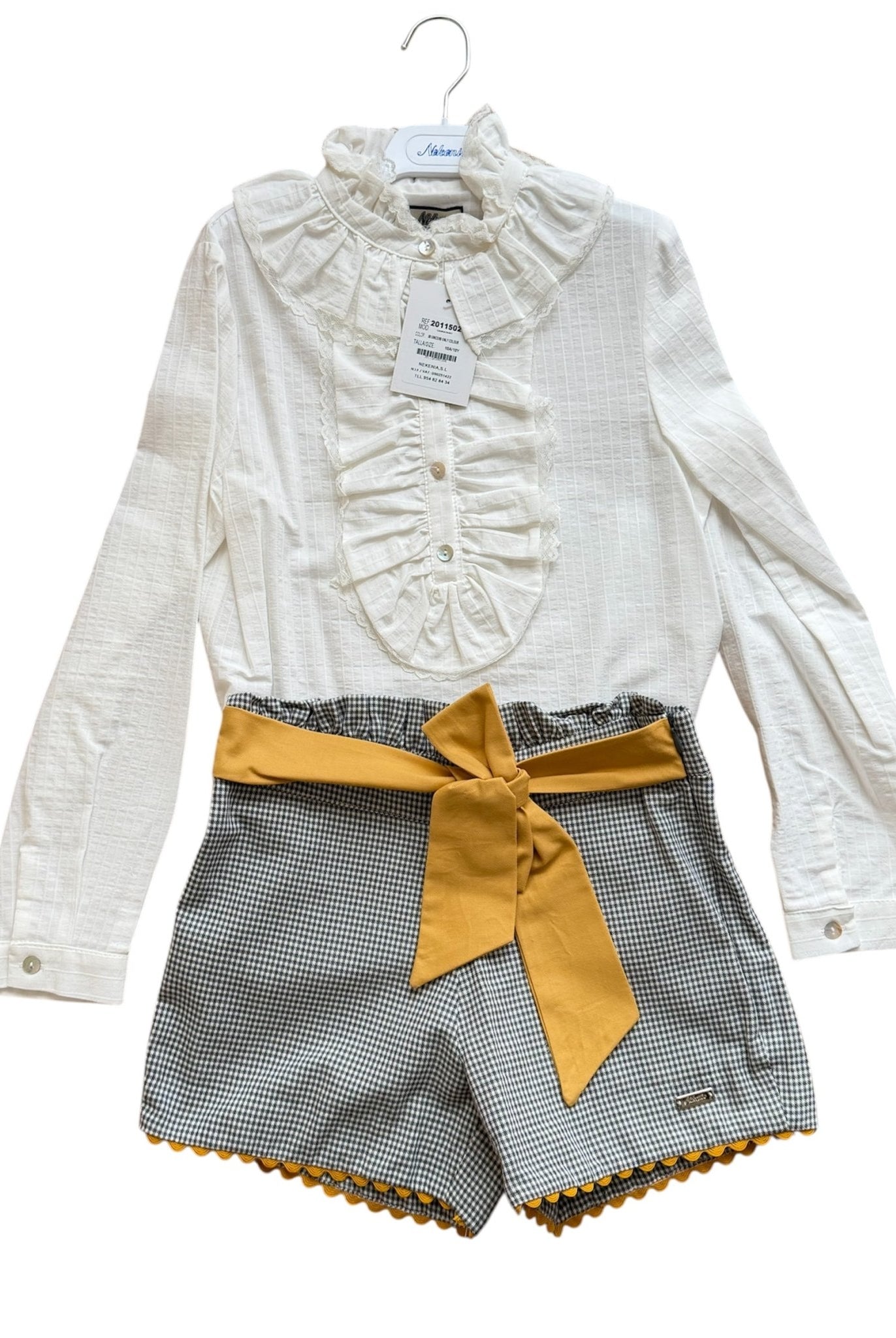 Clearance Sale - Girl's Cream, Grey & Mustard Shorts & Blouse Set