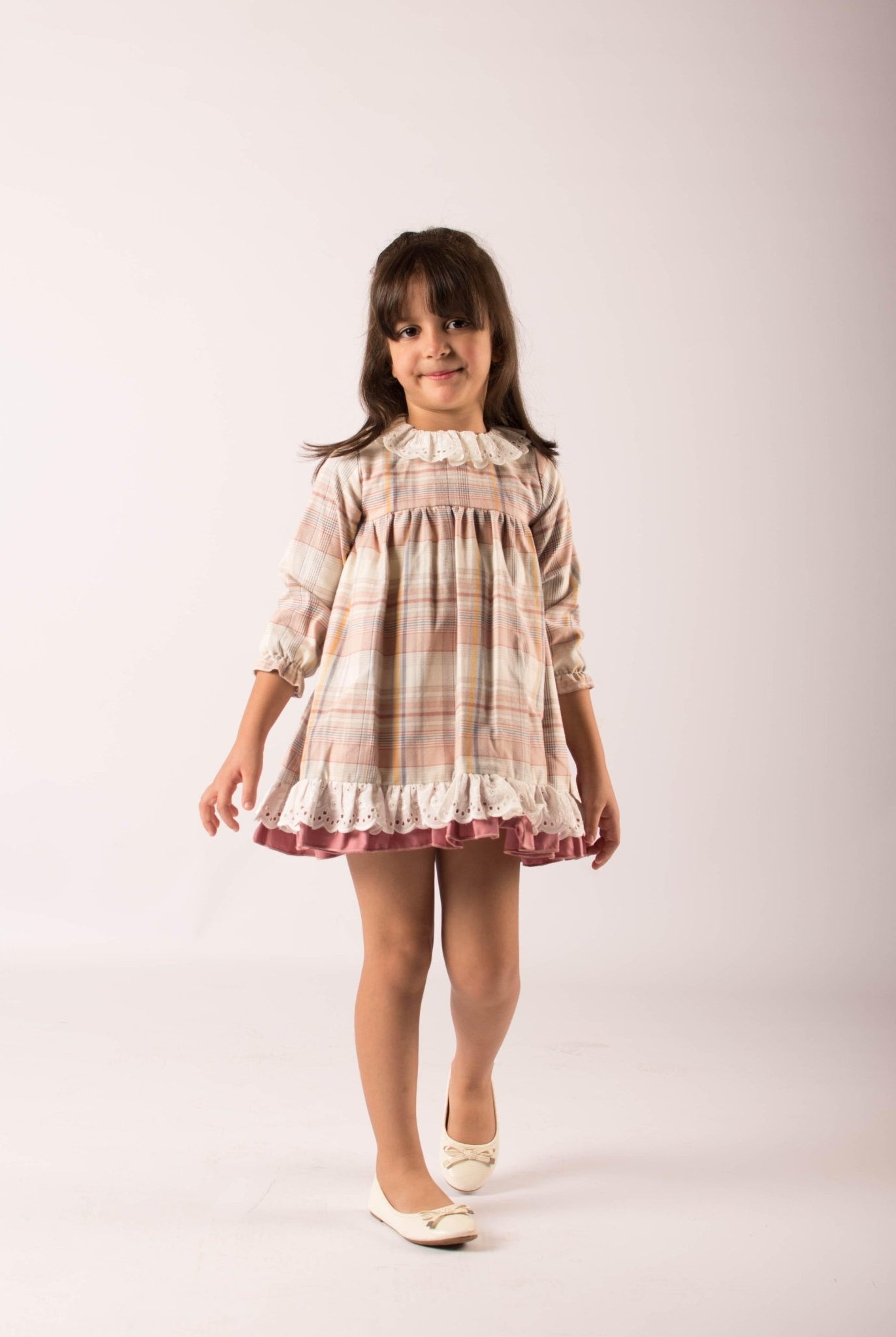 CLEARANCE SALE - Lor Miral - Girls Dusky Pink & Beige Check Dress 32401 - Mariposa Children's Boutique