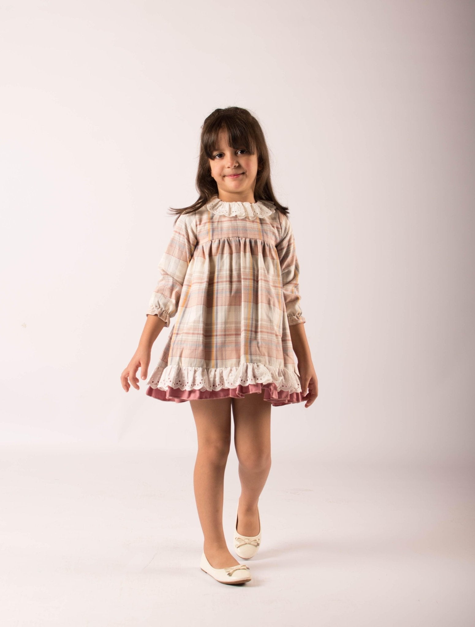 CLEARANCE SALE - Lor Miral - Girls Dusky Pink & Beige Check Dress 32401 - Mariposa Children's Boutique