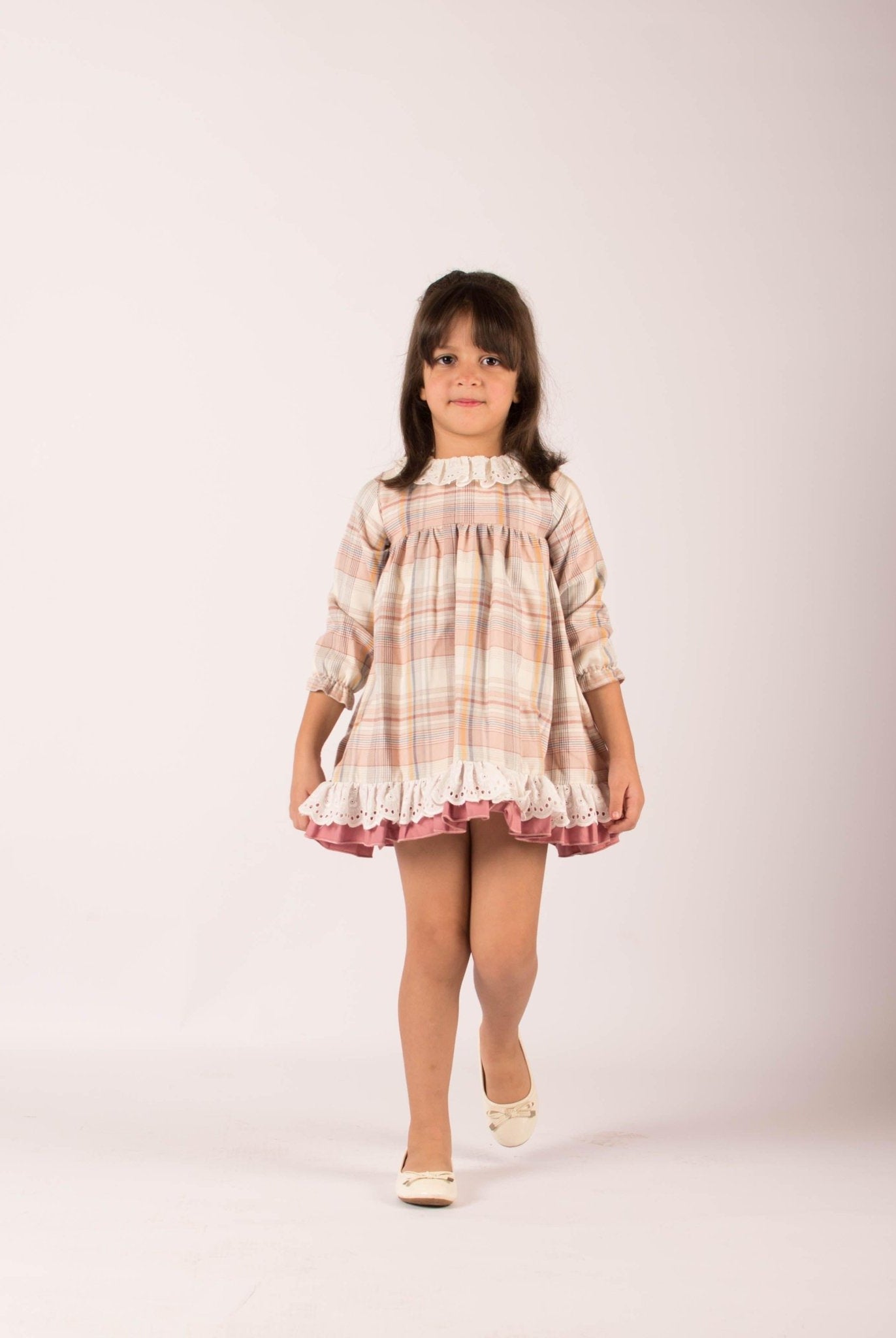 CLEARANCE SALE - Lor Miral - Girls Dusky Pink & Beige Check Dress 32401 - Mariposa Children's Boutique