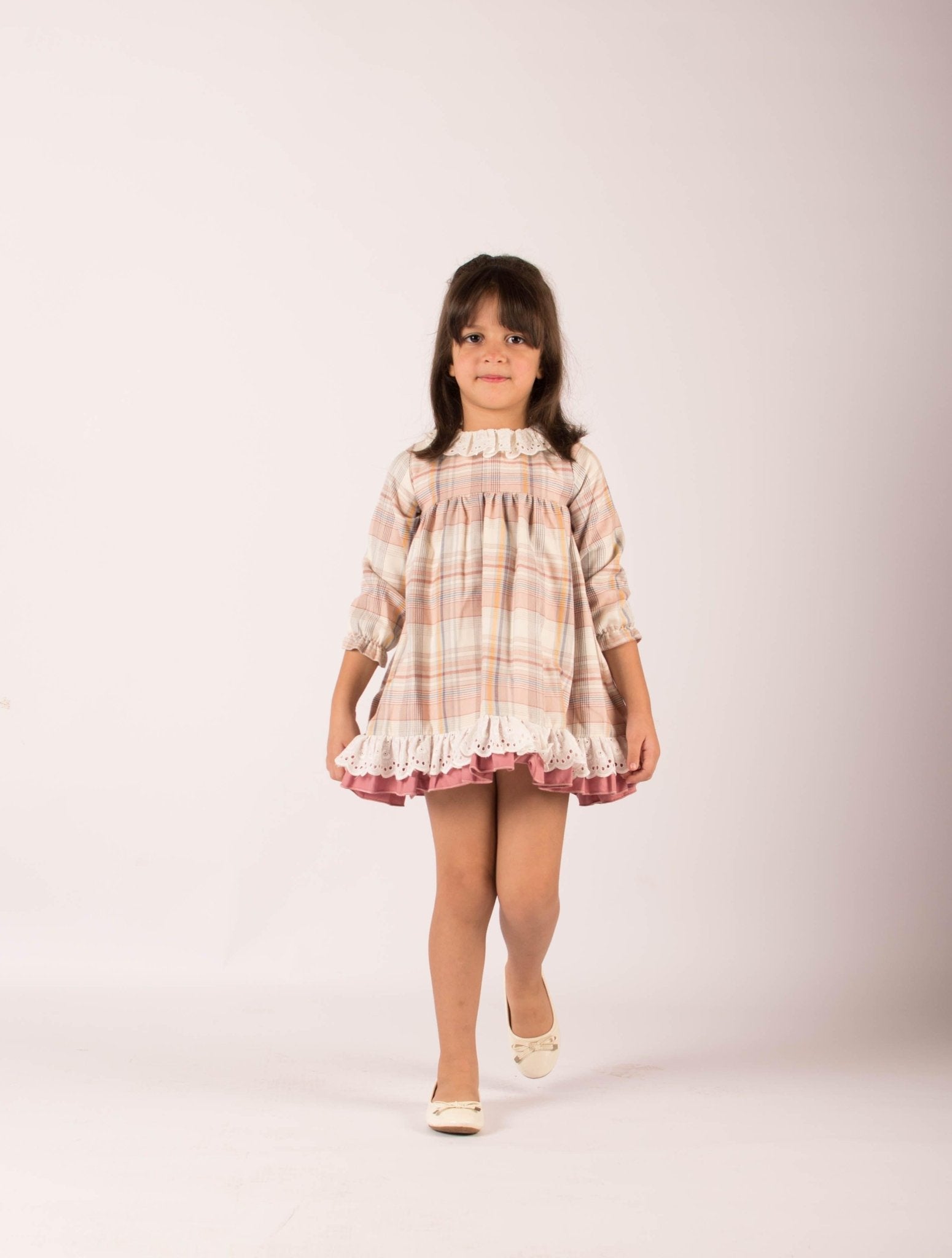 CLEARANCE SALE - Lor Miral - Girls Dusky Pink & Beige Check Dress 32401 - Mariposa Children's Boutique