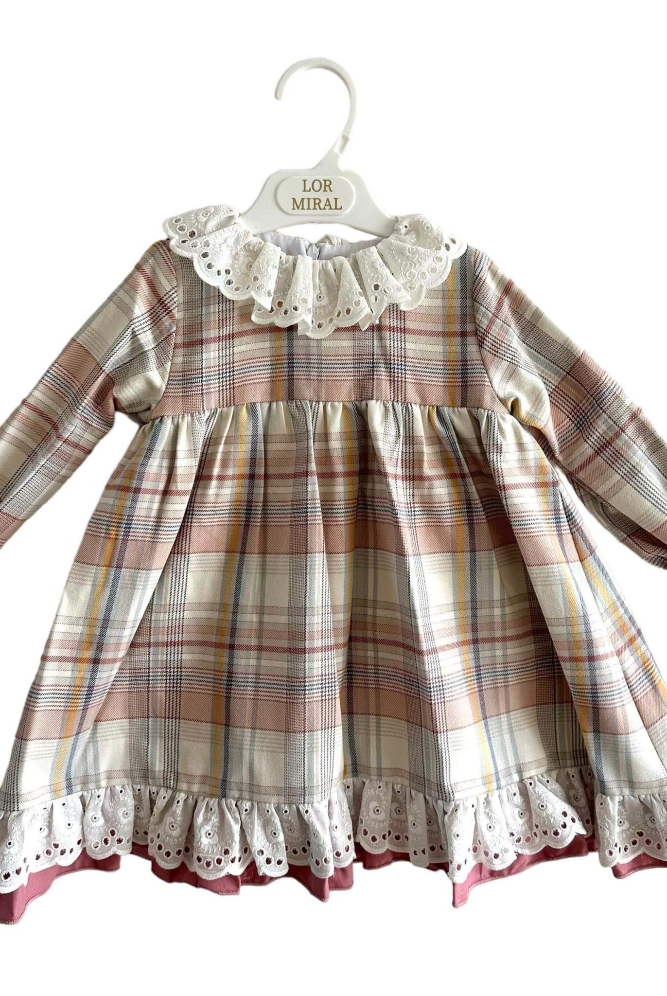 CLEARANCE SALE - Lor Miral - Girls Dusky Pink & Beige Check Dress 32401 - Mariposa Children's Boutique