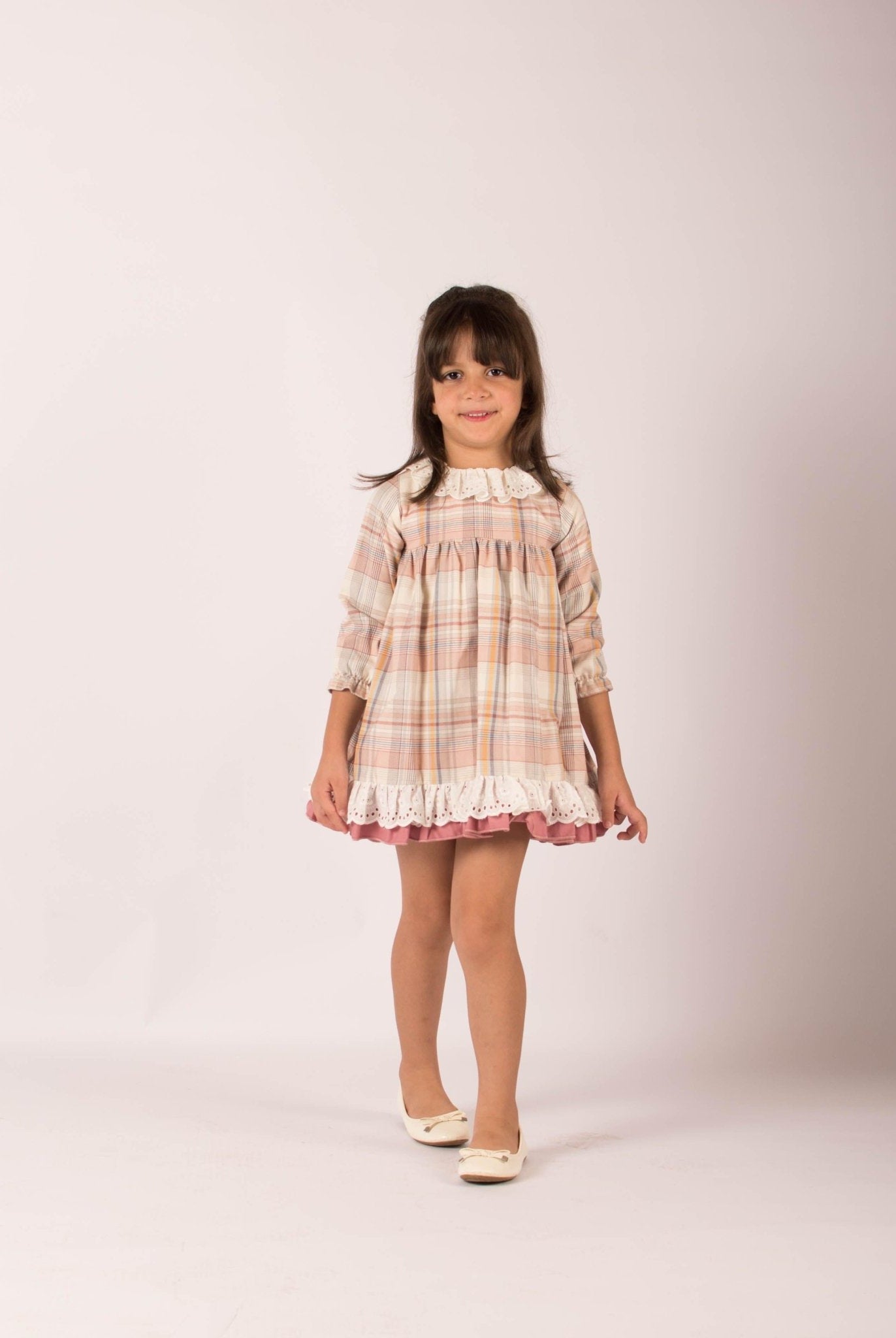 CLEARANCE SALE - Lor Miral - Girls Dusky Pink & Beige Check Dress 32401 - Mariposa Children's Boutique