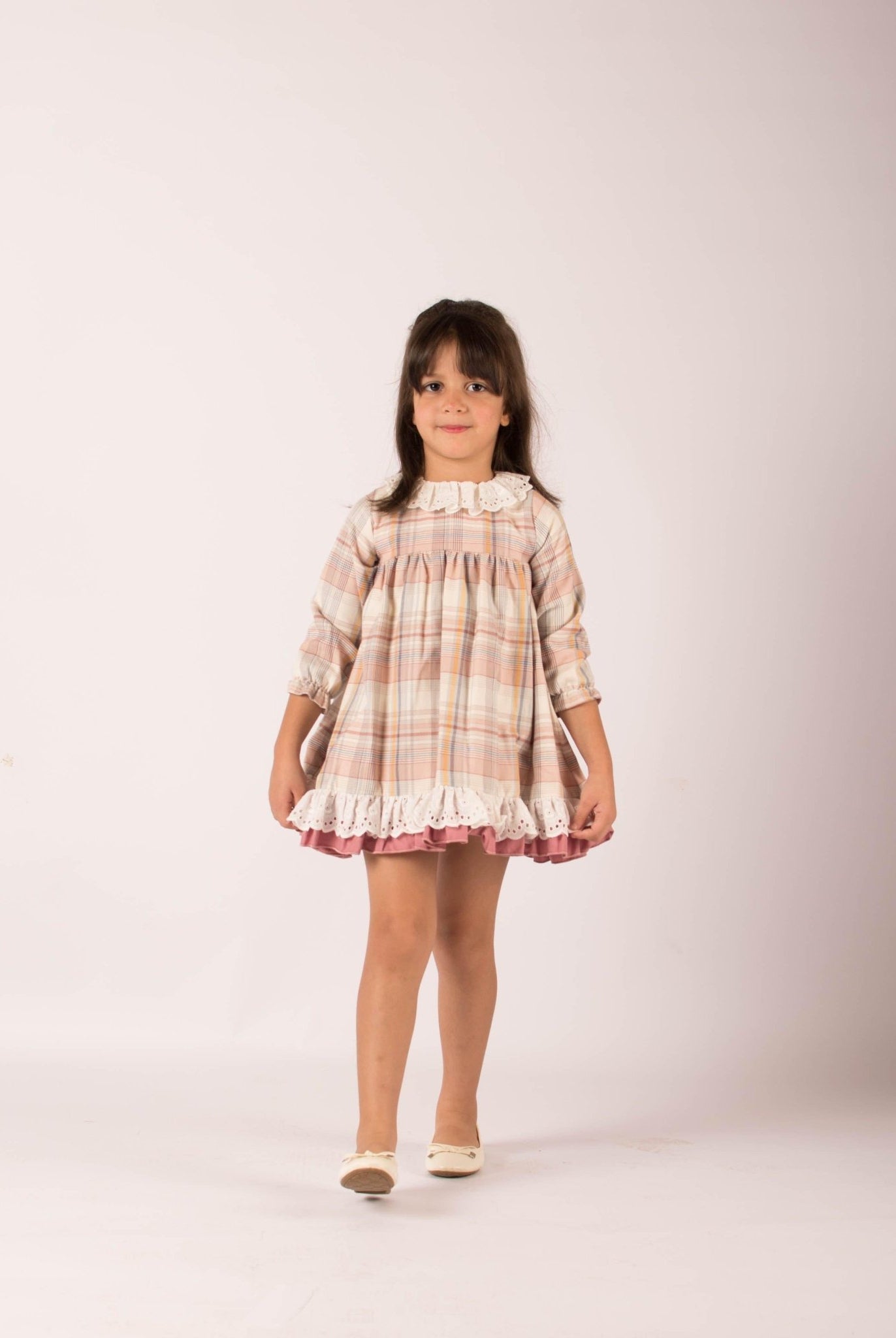 CLEARANCE SALE - Lor Miral - Girls Dusky Pink & Beige Check Dress 32401 - Mariposa Children's Boutique