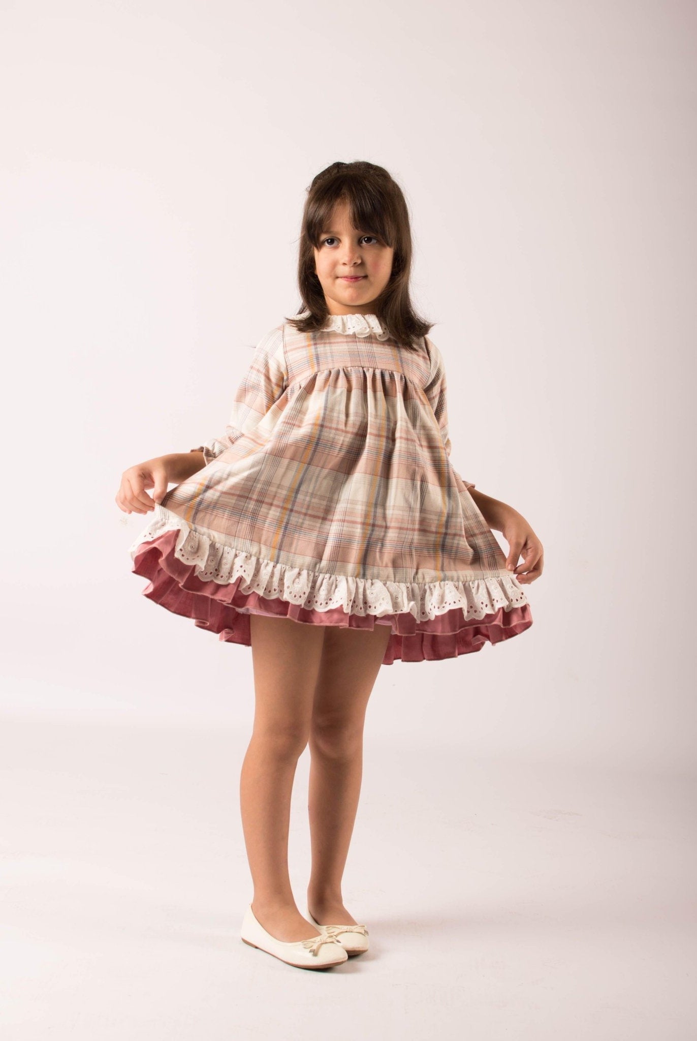 CLEARANCE SALE - Lor Miral - Girls Dusky Pink & Beige Check Dress 32401 - Mariposa Children's Boutique