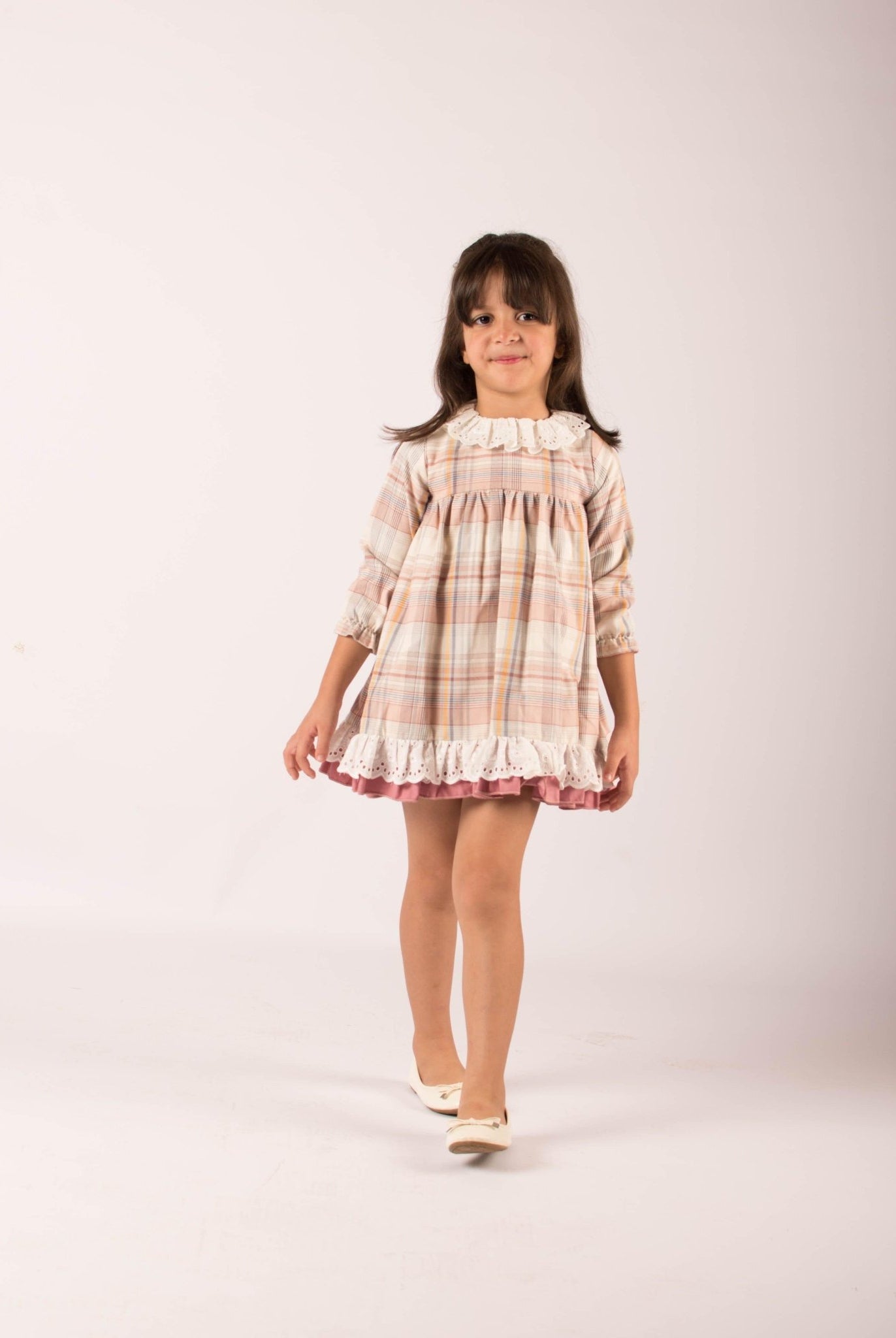 CLEARANCE SALE - Lor Miral - Girls Dusky Pink & Beige Check Dress 32401 - Mariposa Children's Boutique