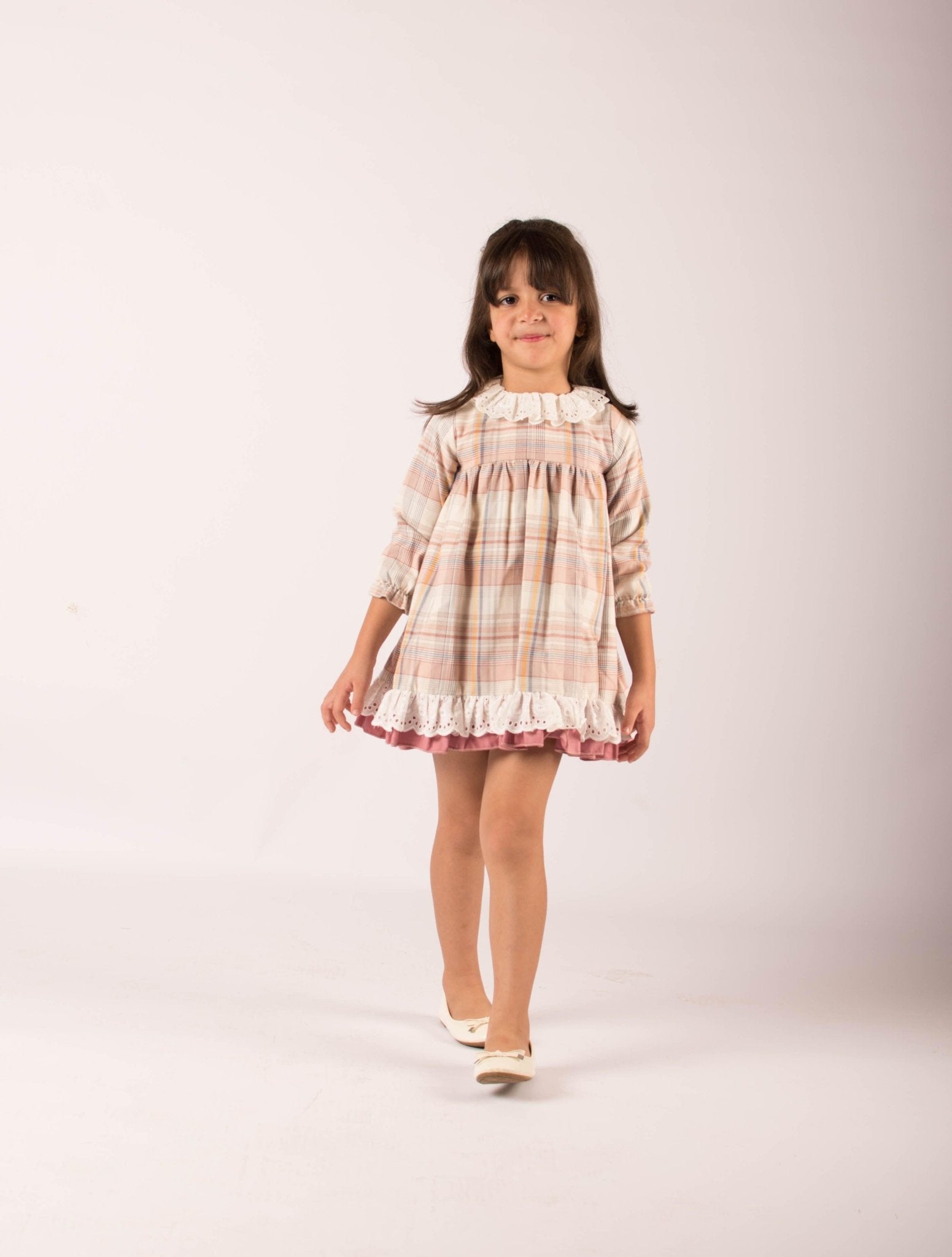 CLEARANCE SALE - Lor Miral - Girls Dusky Pink & Beige Check Dress 32401 - Mariposa Children's Boutique