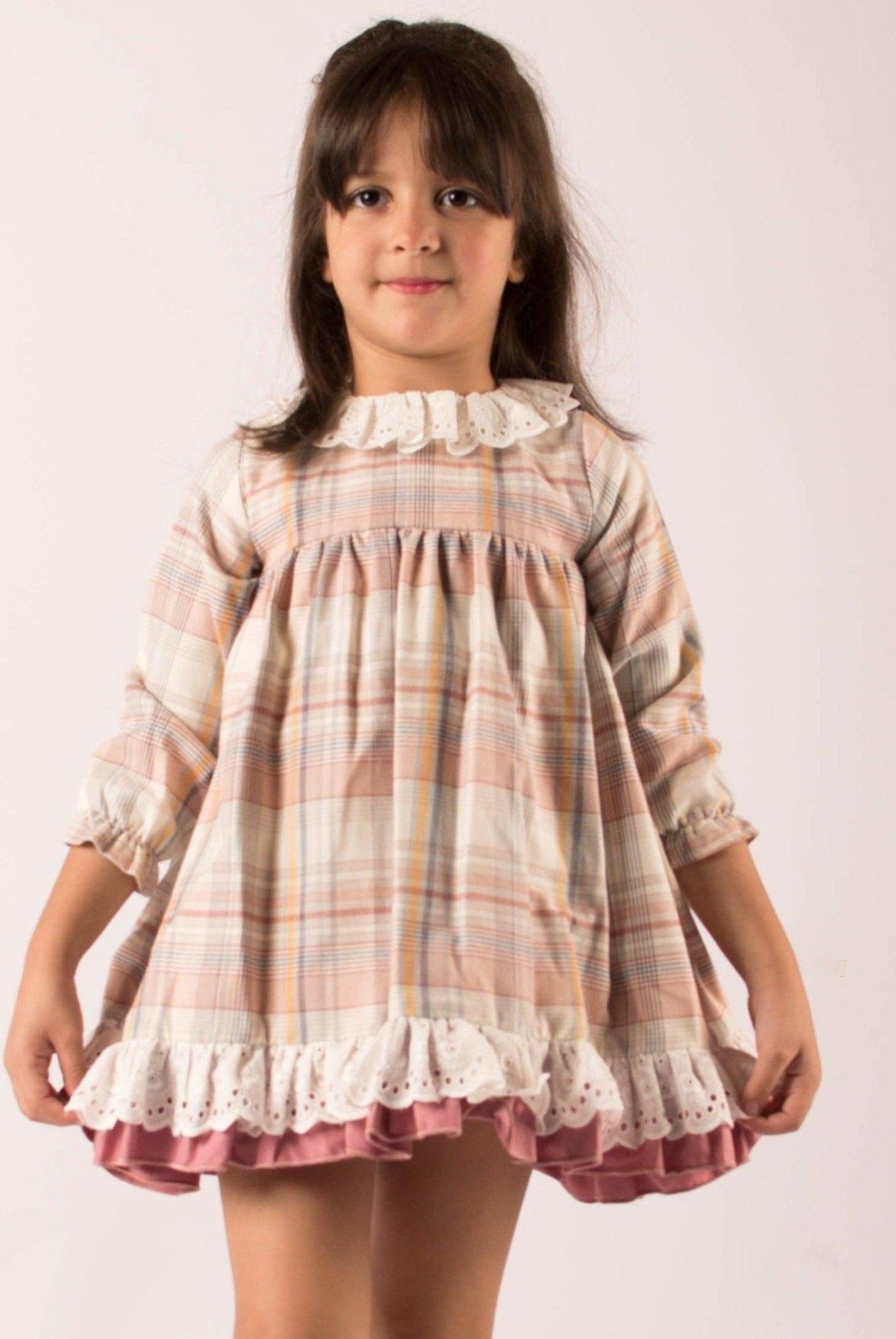 CLEARANCE SALE - Lor Miral - Girls Dusky Pink & Beige Check Dress 32401 - Mariposa Children's Boutique