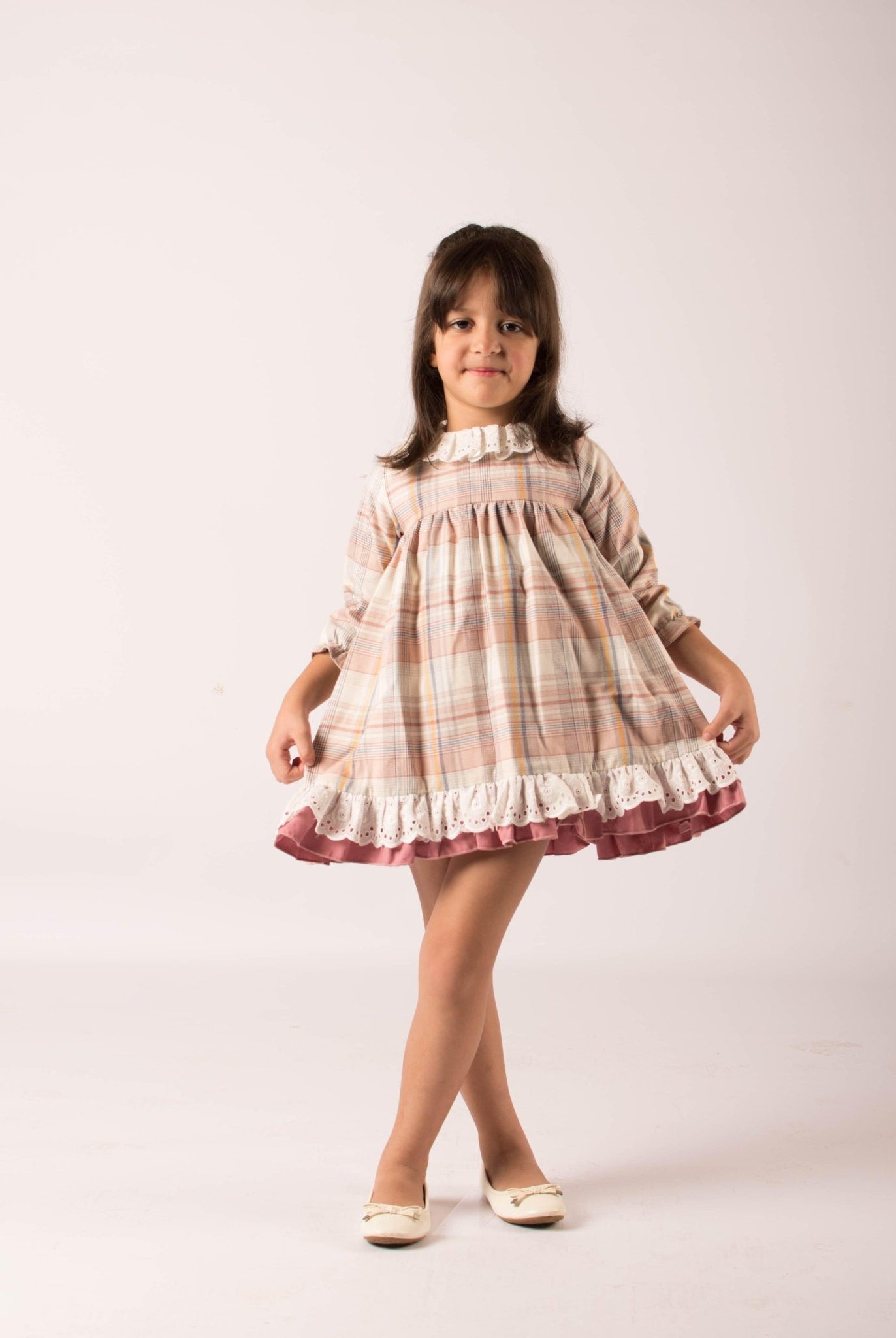 CLEARANCE SALE - Lor Miral - Girls Dusky Pink & Beige Check Dress 32401 - Mariposa Children's Boutique