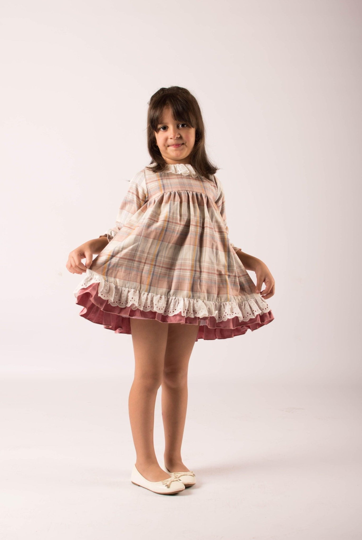 CLEARANCE SALE - Lor Miral - Girls Dusky Pink & Beige Check Dress 32401 - Mariposa Children's Boutique