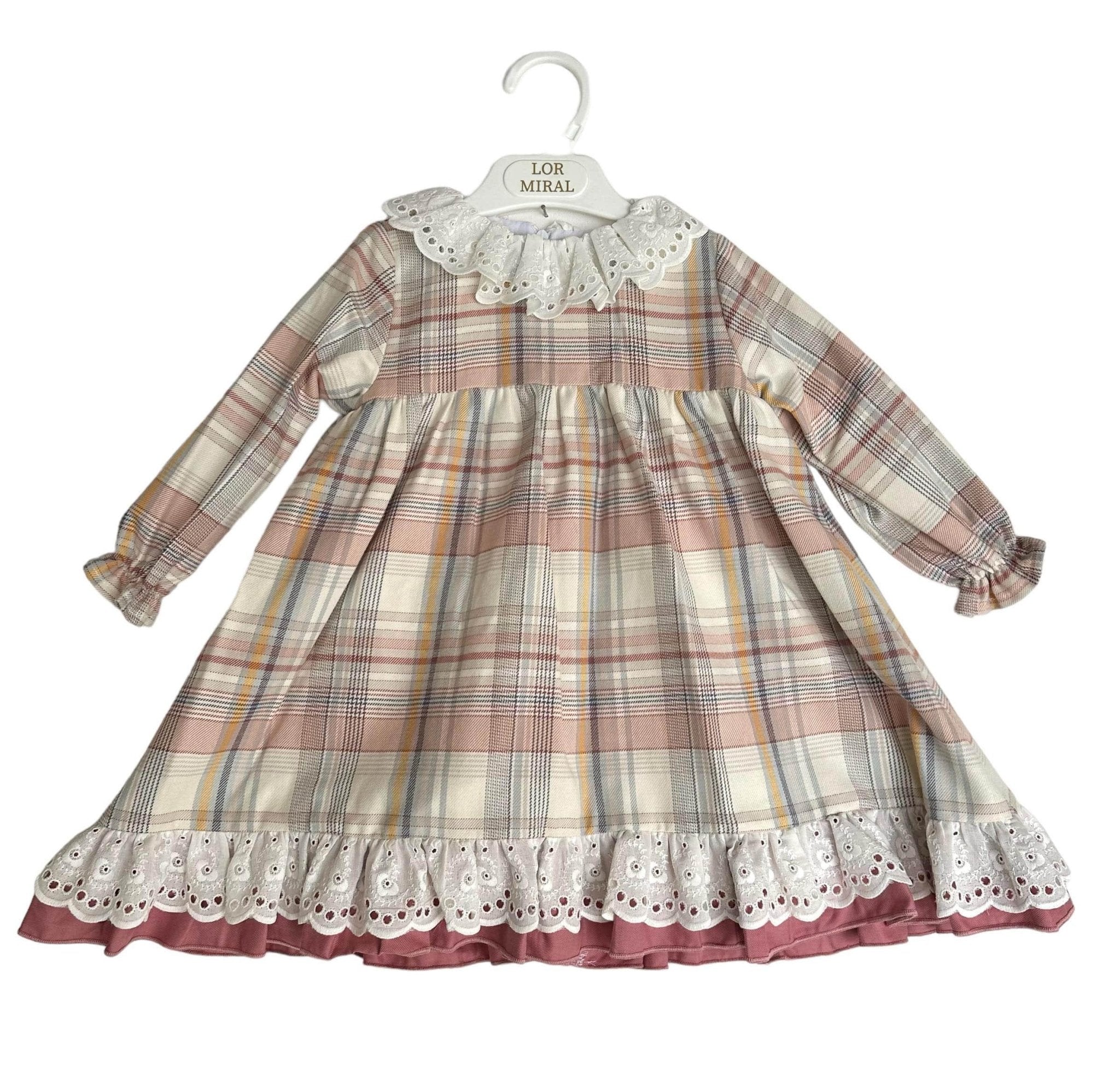 CLEARANCE SALE - Lor Miral - Girls Dusky Pink & Beige Check Dress 32401 - Mariposa Children's Boutique