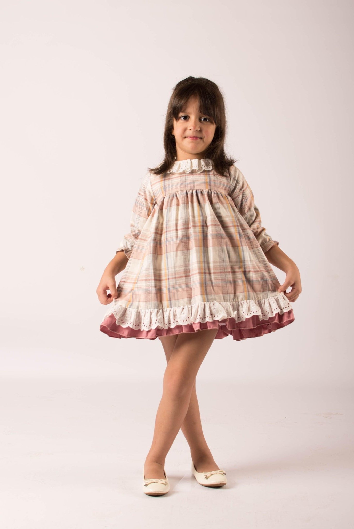 CLEARANCE SALE - Lor Miral - Girls Dusky Pink & Beige Check Dress 32401 - Mariposa Children's Boutique