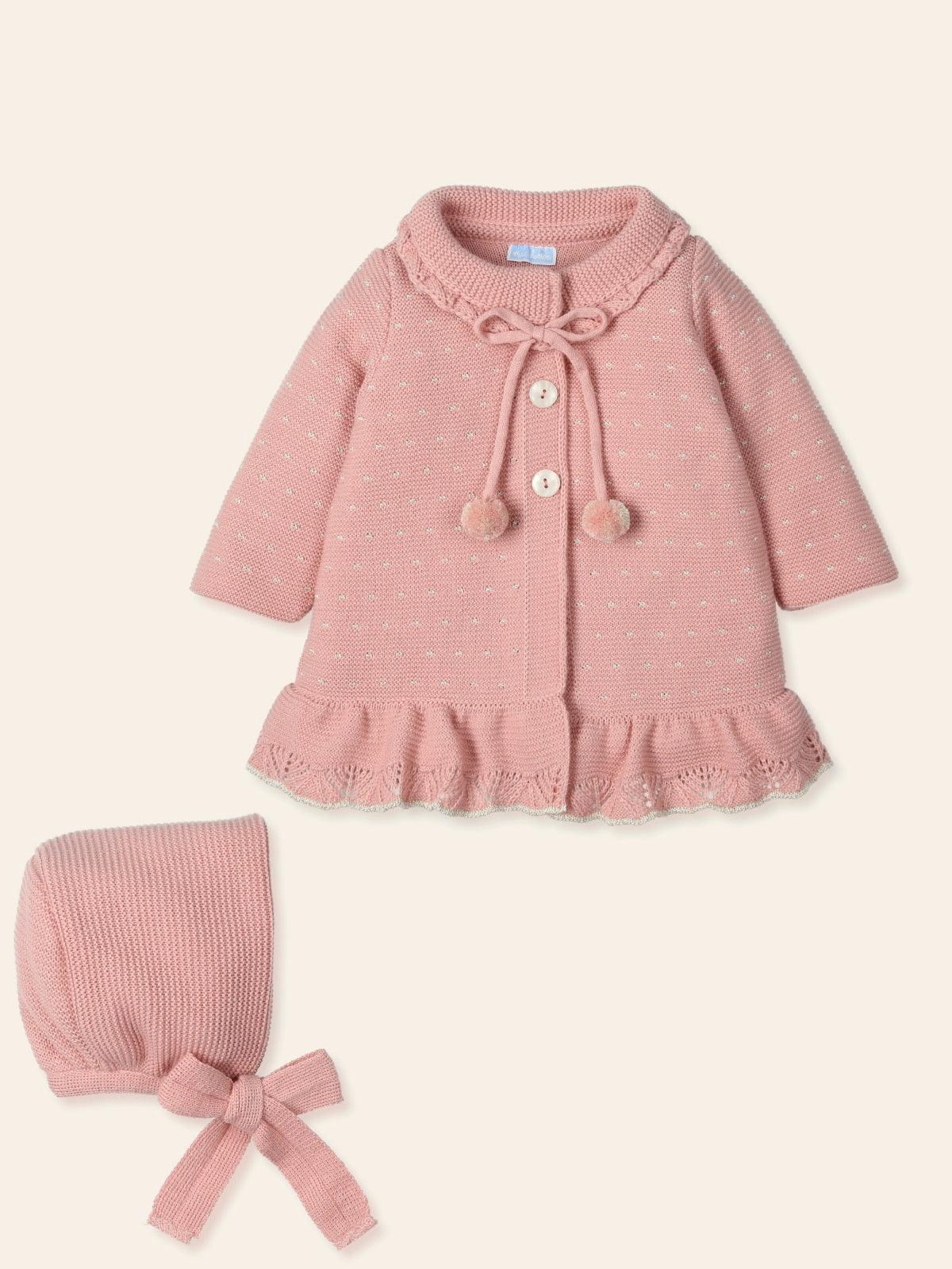 Mac Ilusion AW24 - Baby Girl's Dusky Pink, Cream and Gold Knitted Coat & Hat 9497 - Mariposa Children's Boutique