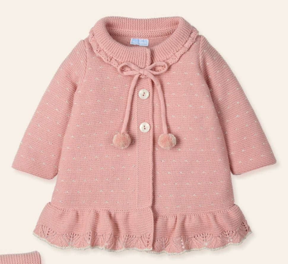 beautiful dusky pink, cream and gold knitted baby coat with matching bonnet.