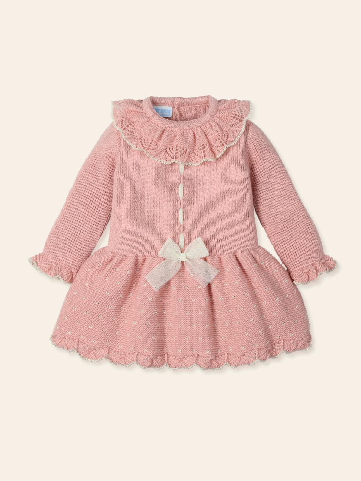CLEARANCE SALE Mac Ilusion AW24 - Baby Girls Dusky Pink, Cream & Gold Knitted Dress 9468 - Mariposa Children's Boutique