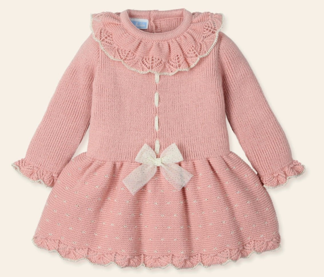 Beautiful baby girls knitted dusky pink, cream and gold dress