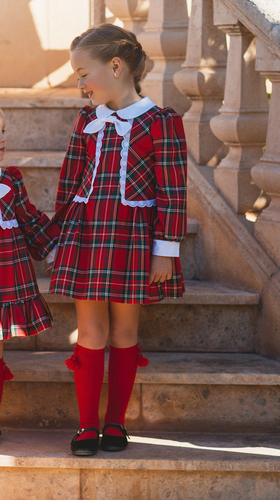 Meraki Bambini AW23 - Girls Red Tartan Print Dress & Matching Headpiece - Mariposa Children's Boutique