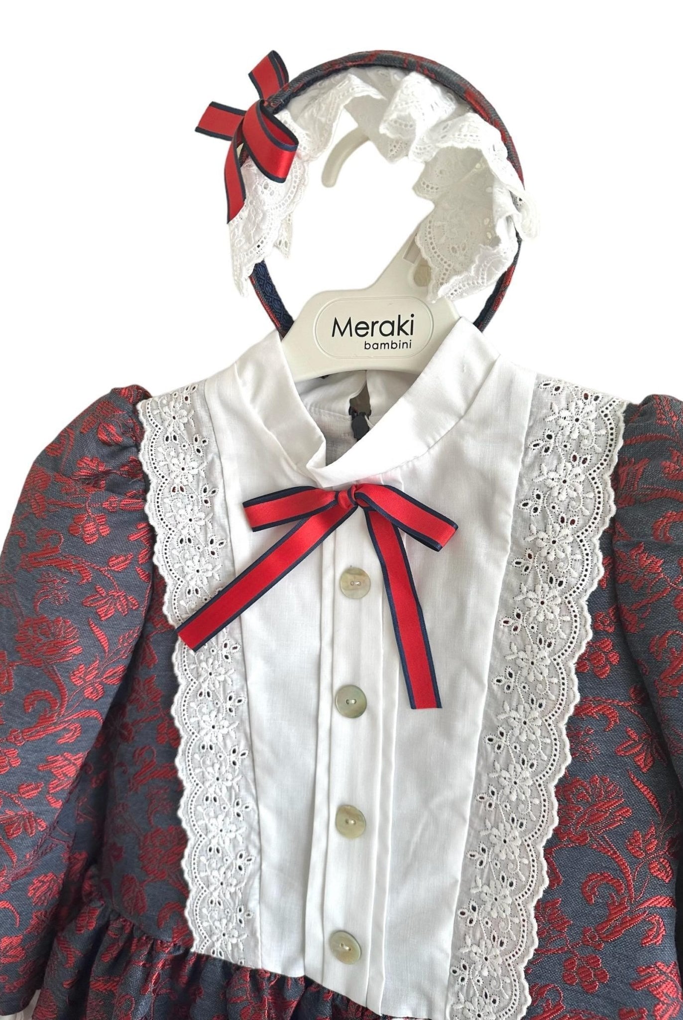 CLEARANCE SALE - Meraki Bambini - Girls Navy & Red Dress with Matching Headpiece - Mariposa Children's Boutique