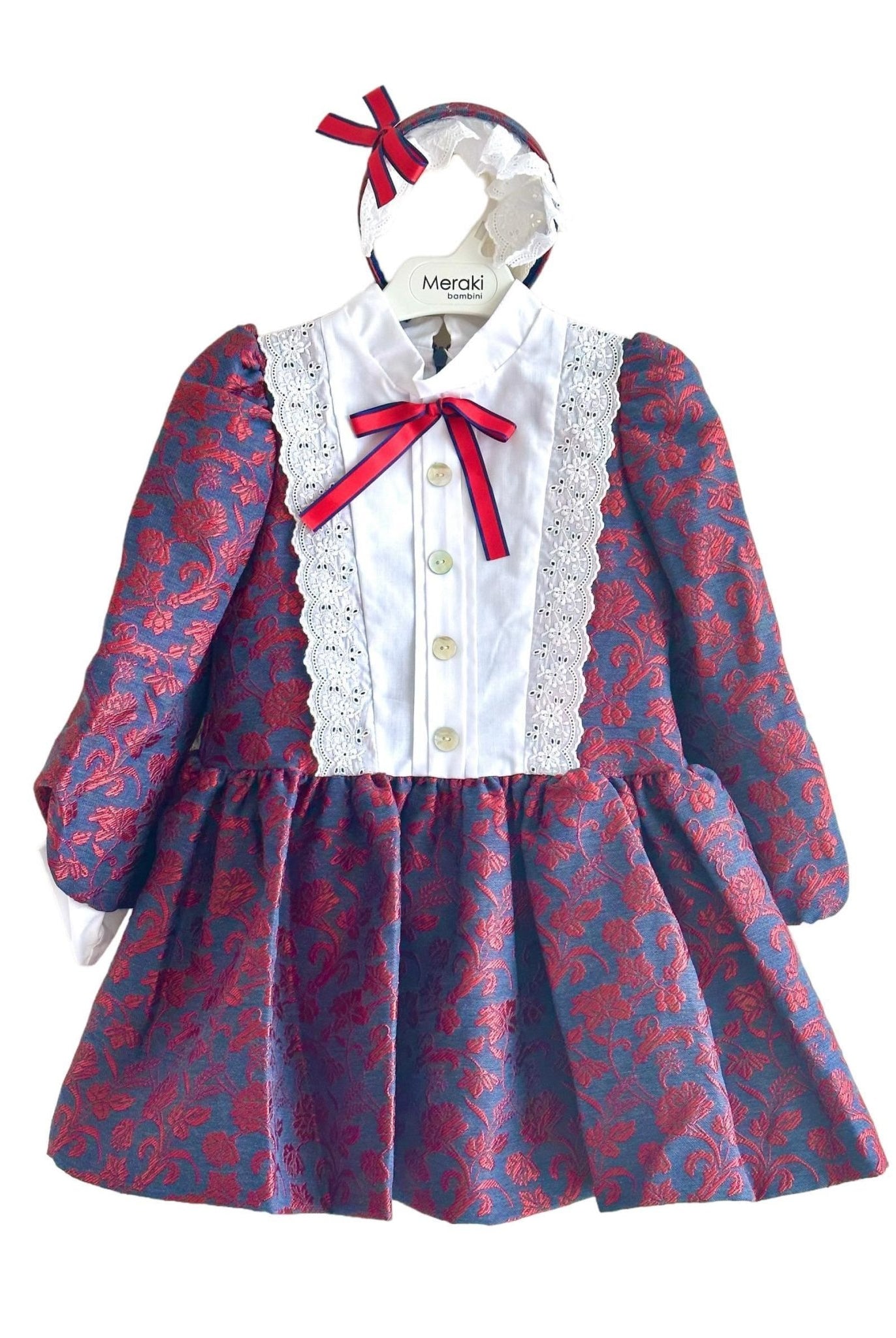 CLEARANCE SALE - Meraki Bambini - Girls Navy & Red Dress with Matching Headpiece - Mariposa Children's Boutique