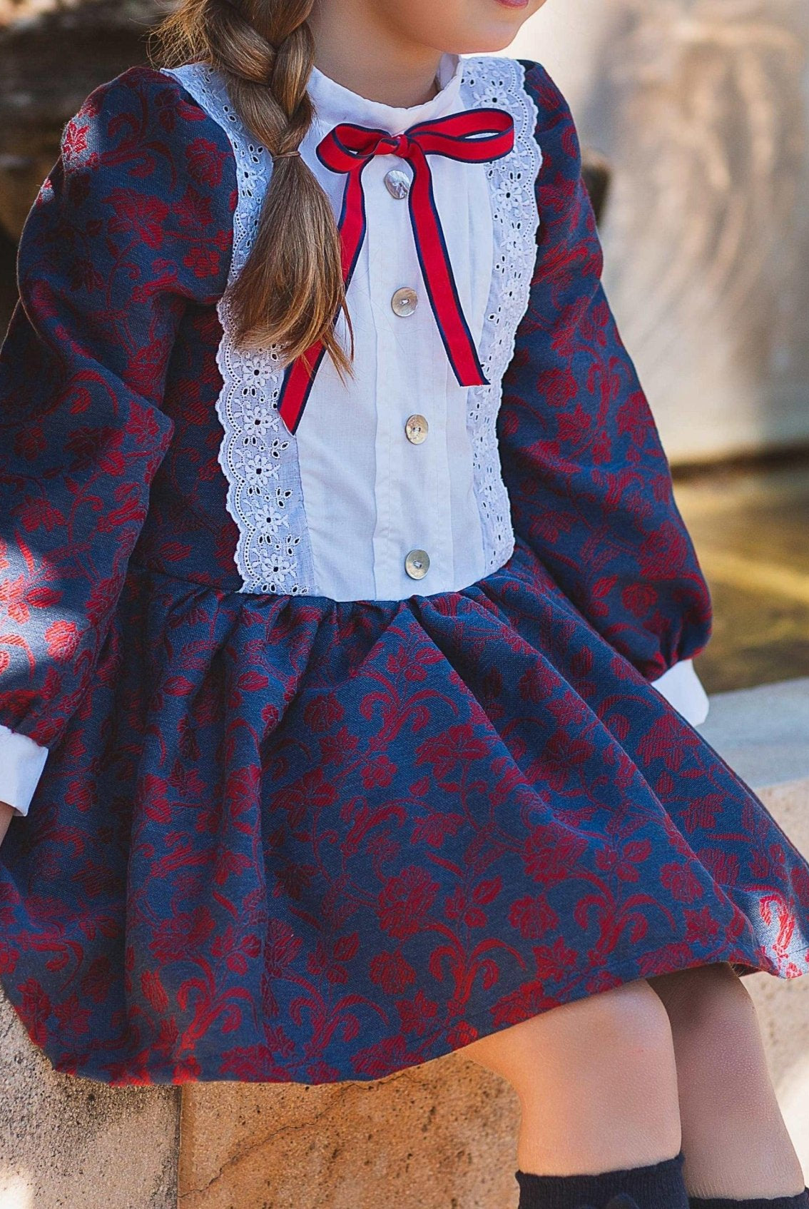 CLEARANCE SALE - Meraki Bambini - Girls Navy & Red Dress with Matching Headpiece - Mariposa Children's Boutique