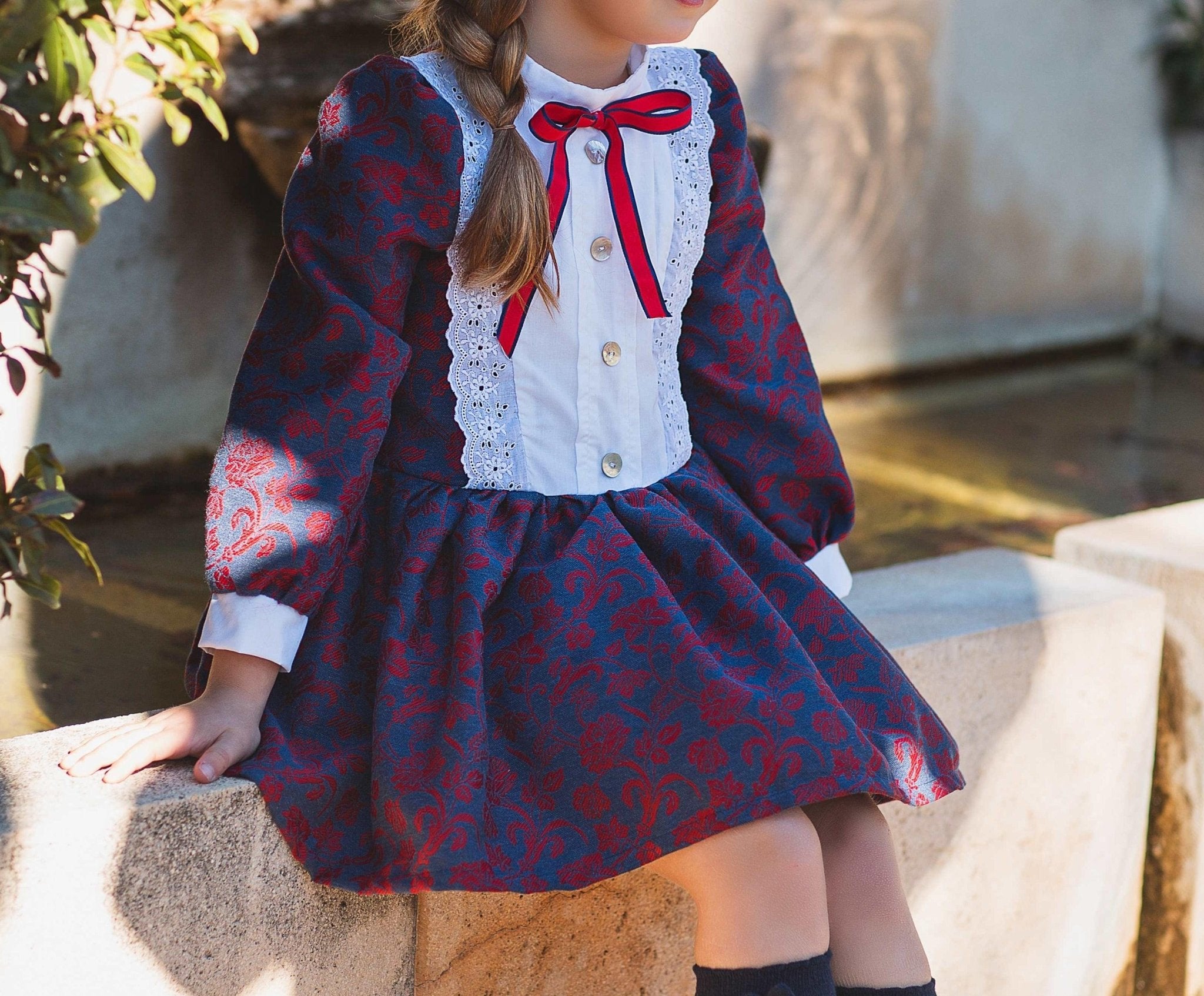 CLEARANCE SALE - Meraki Bambini - Girls Navy & Red Dress with Matching Headpiece - Mariposa Children's Boutique