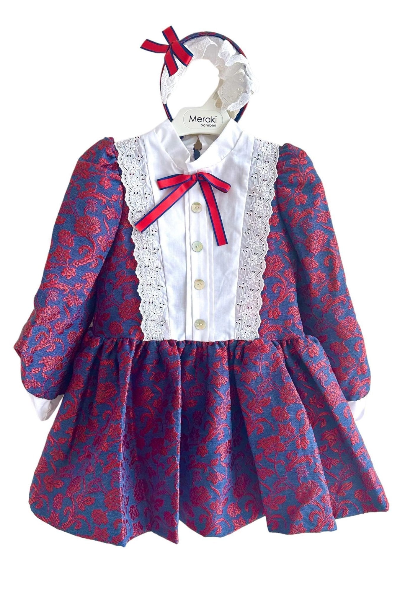 CLEARANCE SALE - Meraki Bambini - Girls Navy & Red Dress with Matching Headpiece - Mariposa Children's Boutique