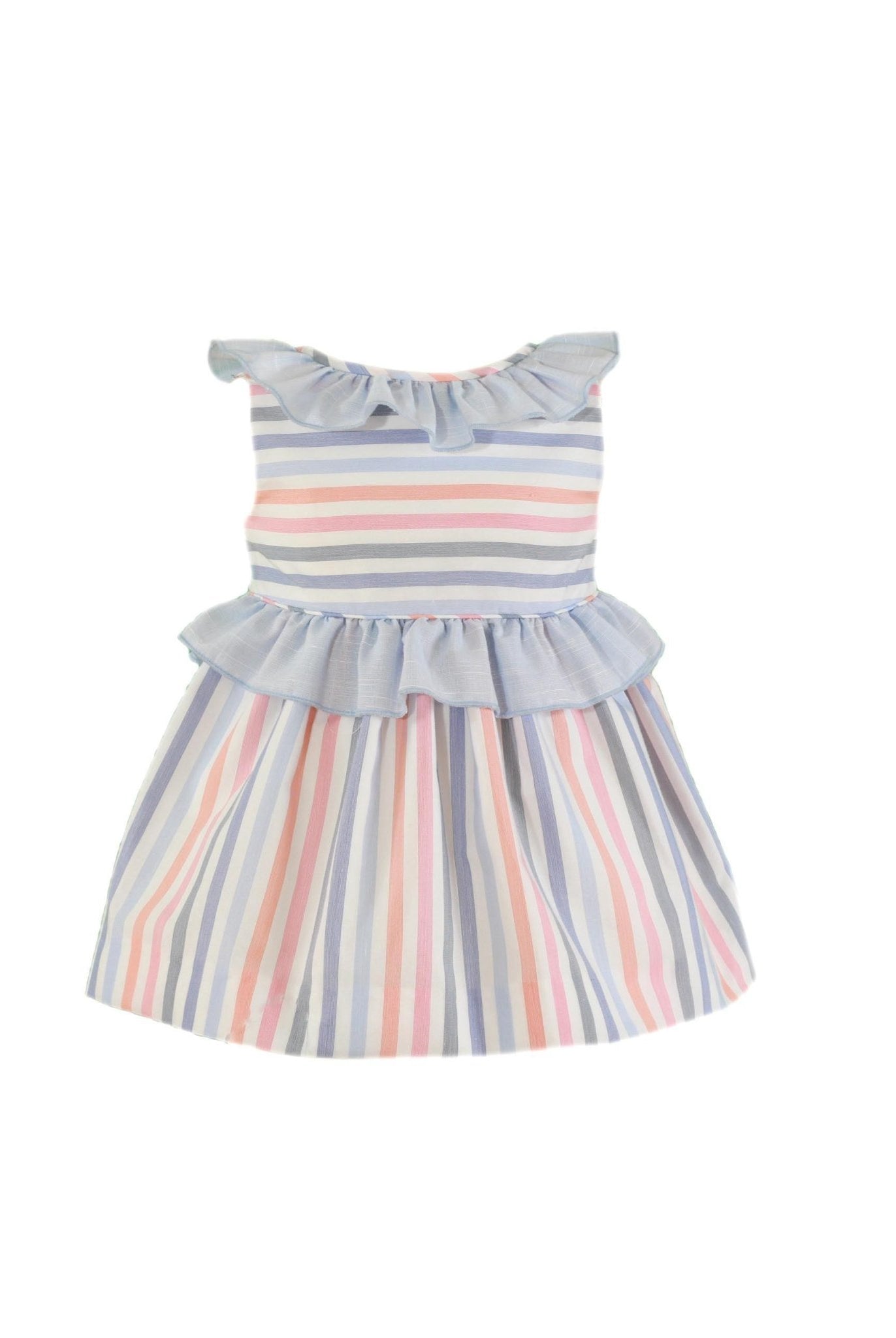 CLEARANCE SALE - Miranda - Baby Girls Blue & Multicolour Stripe Dress 504V - Mariposa Children's Boutique