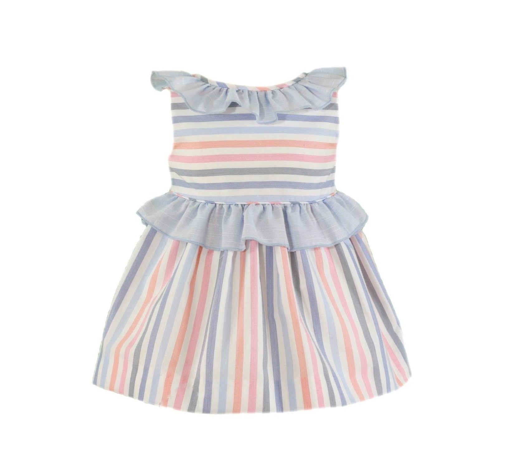 CLEARANCE SALE - Miranda - Baby Girls Blue & Multicolour Stripe Dress 504V - Mariposa Children's Boutique