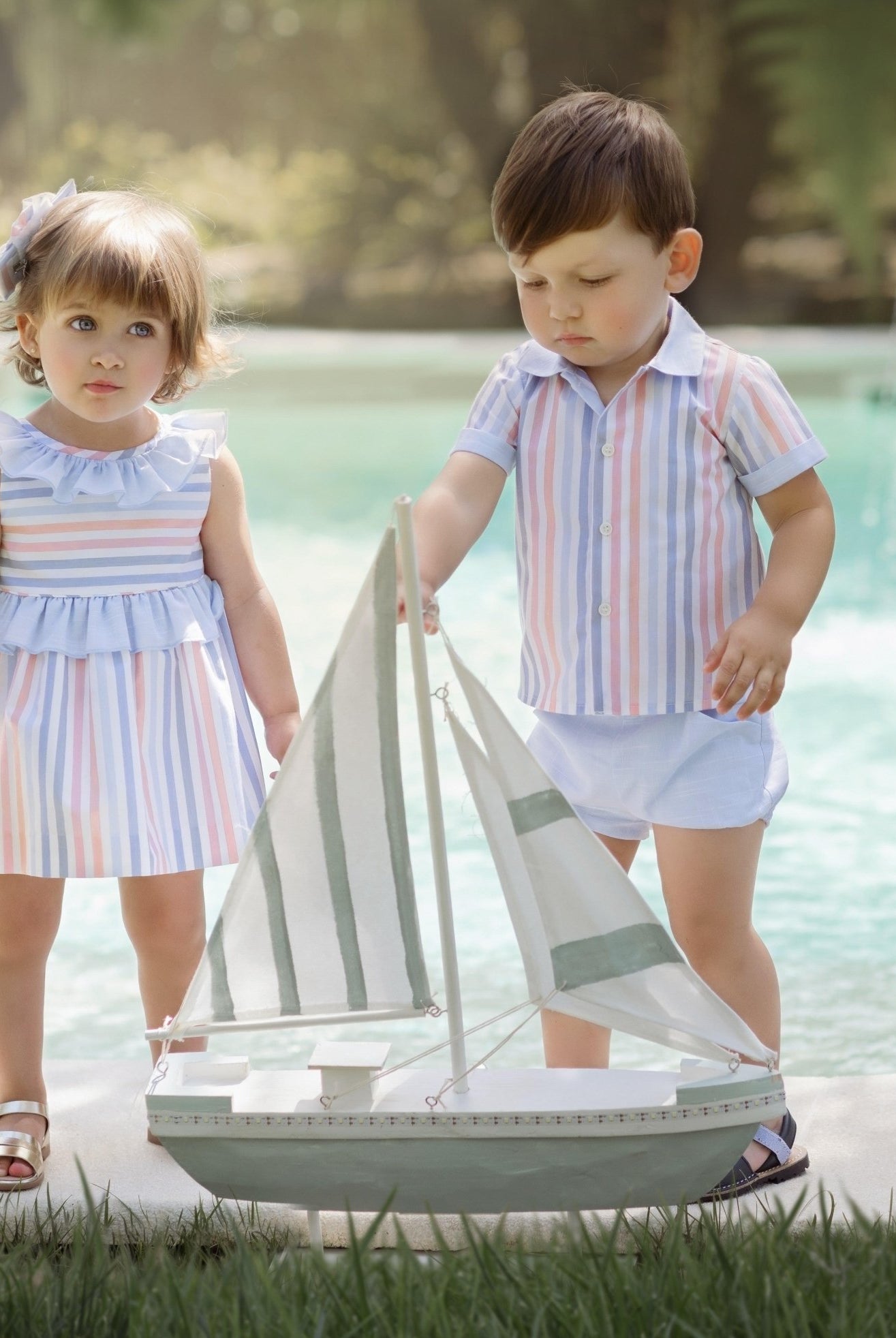CLEARANCE SALE - Miranda - Baby Girls Blue & Multicolour Stripe Dress 504V - Mariposa Children's Boutique
