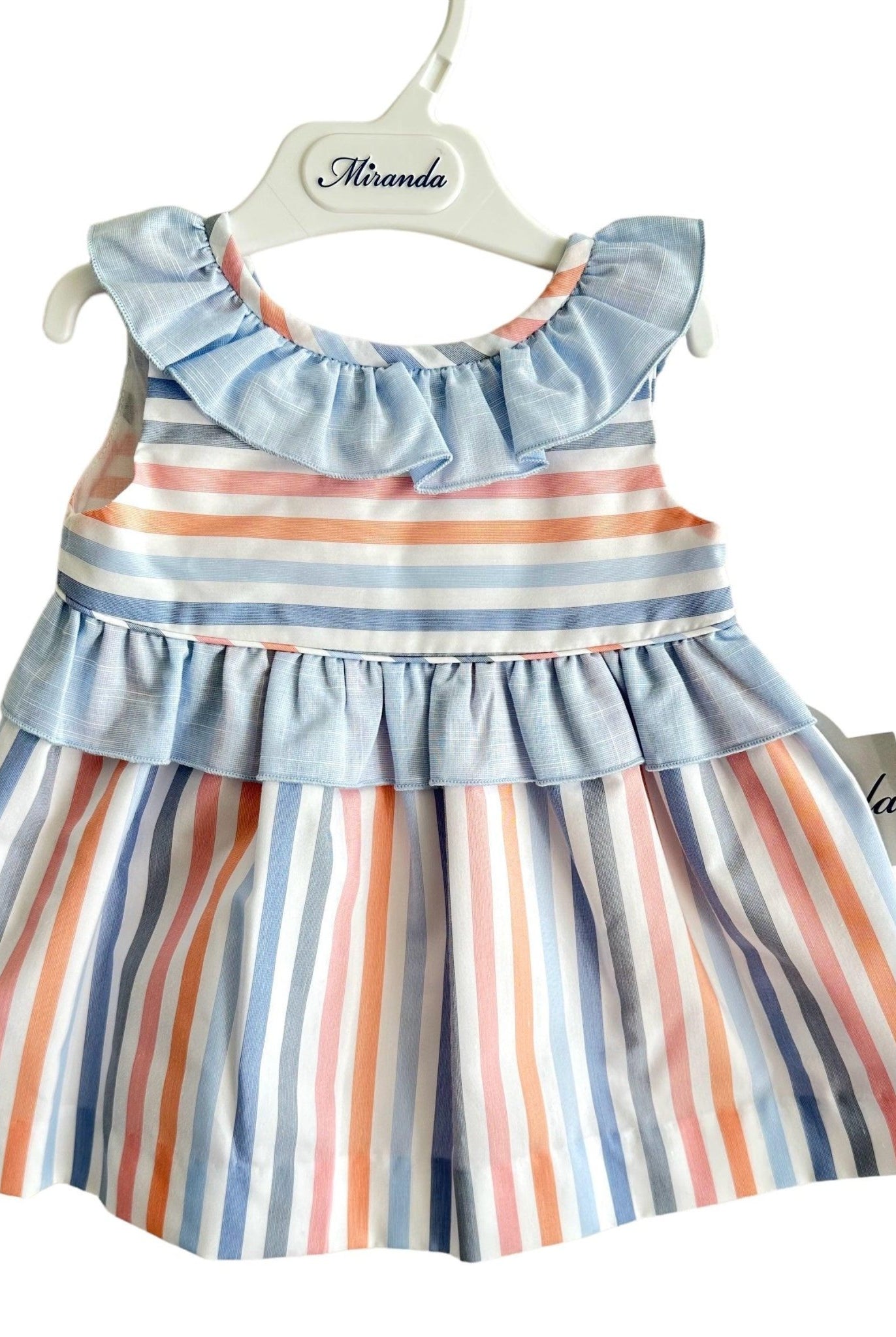 CLEARANCE SALE - Miranda - Baby Girls Blue & Multicolour Stripe Dress 504V - Mariposa Children's Boutique