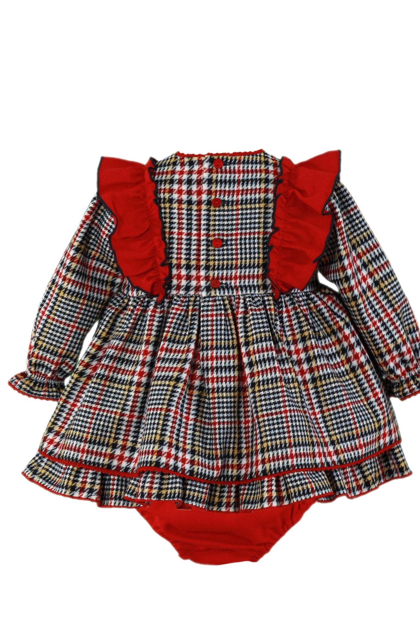 Clearance Sale Miranda - Baby Girl's Red & Navy Checked Dress with Pom Pom Detail