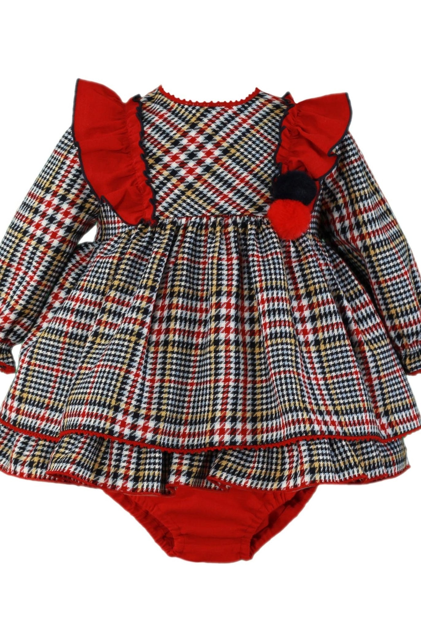 Clearance Sale Miranda - Baby Girl's Red & Navy Checked Dress with Pom Pom Detail