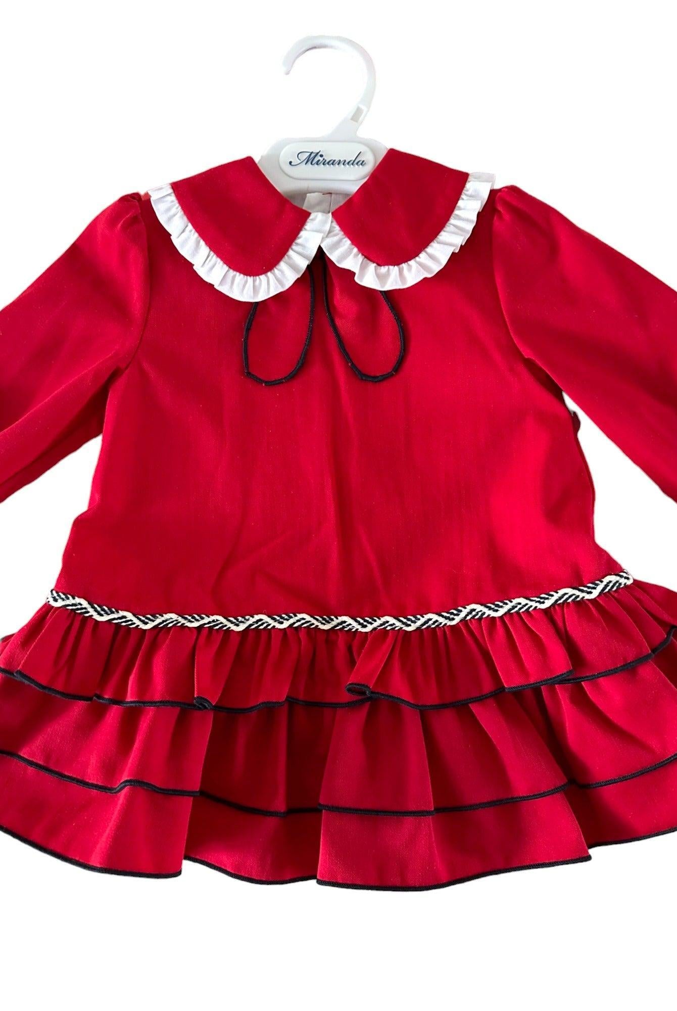 CLEARANCE SALE Miranda - Baby Girls Red Ruffle Dress with Navy Piping 514V - Mariposa Children's Boutique
