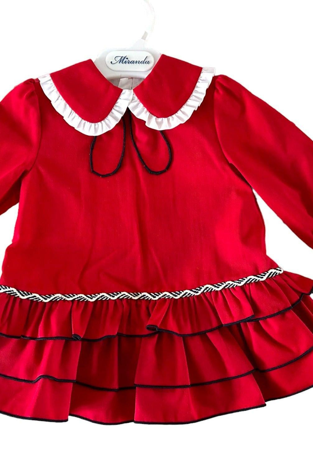 CLEARANCE SALE Miranda - Baby Girls Red Ruffle Dress with Navy Piping 514V - Mariposa Children's Boutique