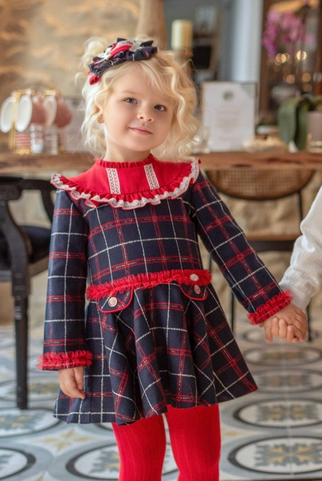 CLEARANCE SALE Miranda - Girls Navy & Red Checked Dress 229V - Mariposa Children's Boutique
