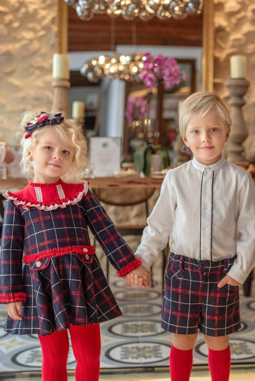 CLEARANCE SALE Miranda - Girls Navy & Red Checked Dress 229V - Mariposa Children's Boutique