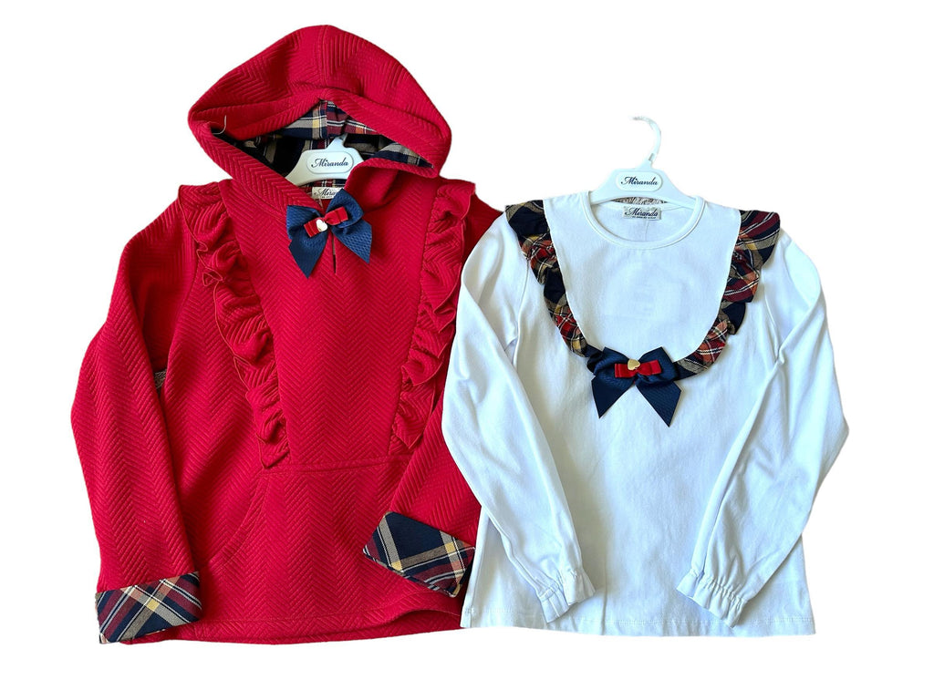Miranda - Girls Red Tartan Detail Hooded Sweatshirt and Matching Long Sleeved Top - Mariposa Children's Boutique
