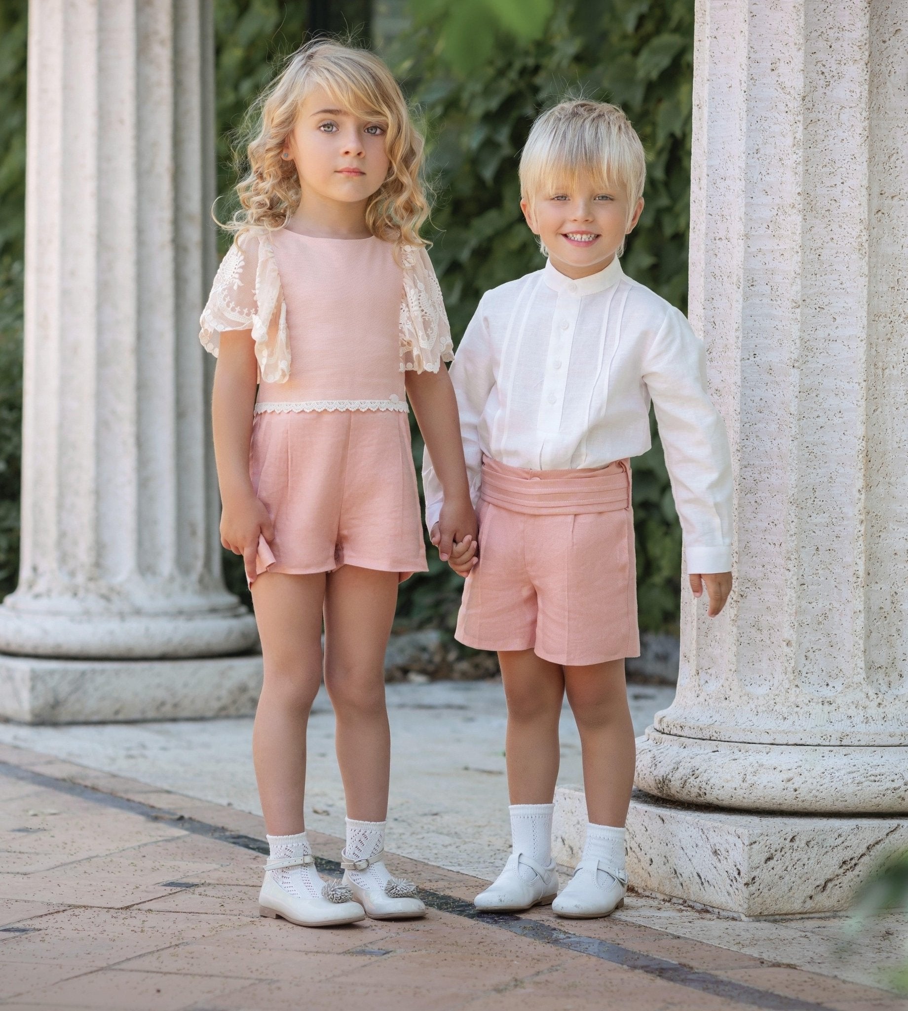 CLEARANCE SALE - Miranda SS24 - Girls Salmon Pink & Cream Jumpsuit 221M - Mariposa Children's Boutique