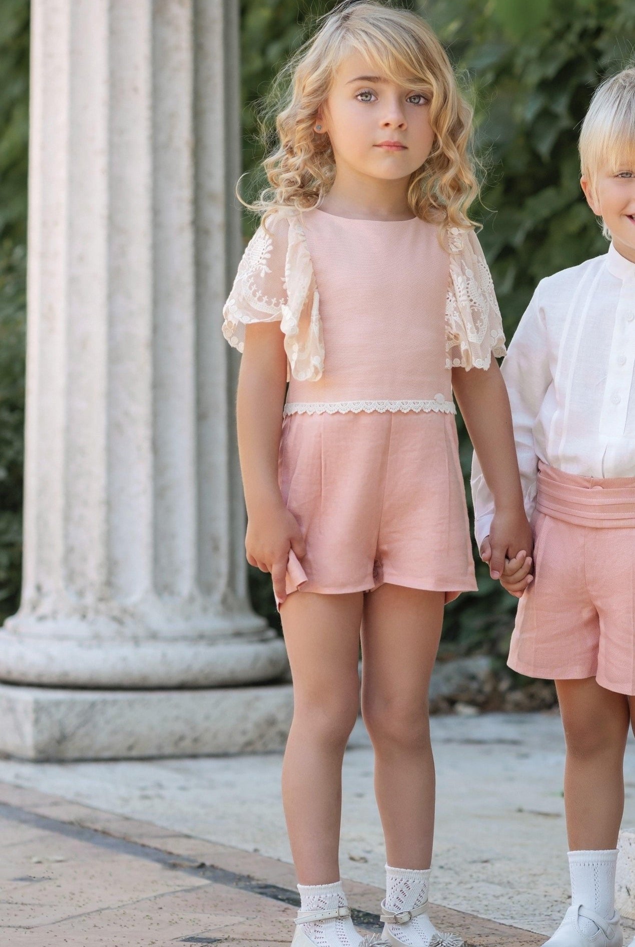 CLEARANCE SALE - Miranda SS24 - Girls Salmon Pink & Cream Jumpsuit 221M - Mariposa Children's Boutique